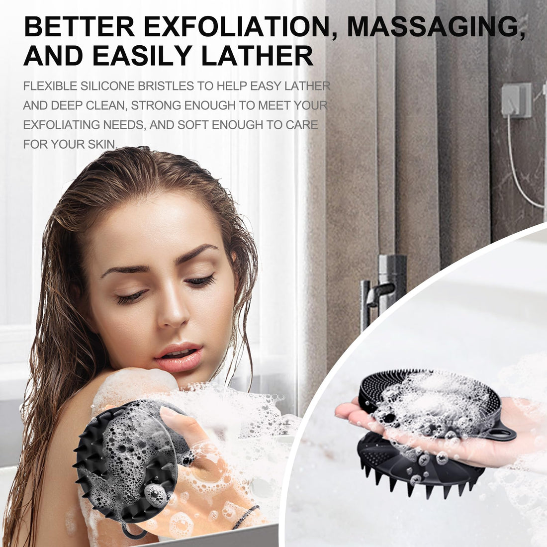 INNERNEED 2-in-1 Silicone Body Scrubber and Scalp Massager Shampoo Brush, Food-Grade Soft Material, More Hygienic, Easily Lather, Convenient for Travel, Gym, Business,etc (Black)