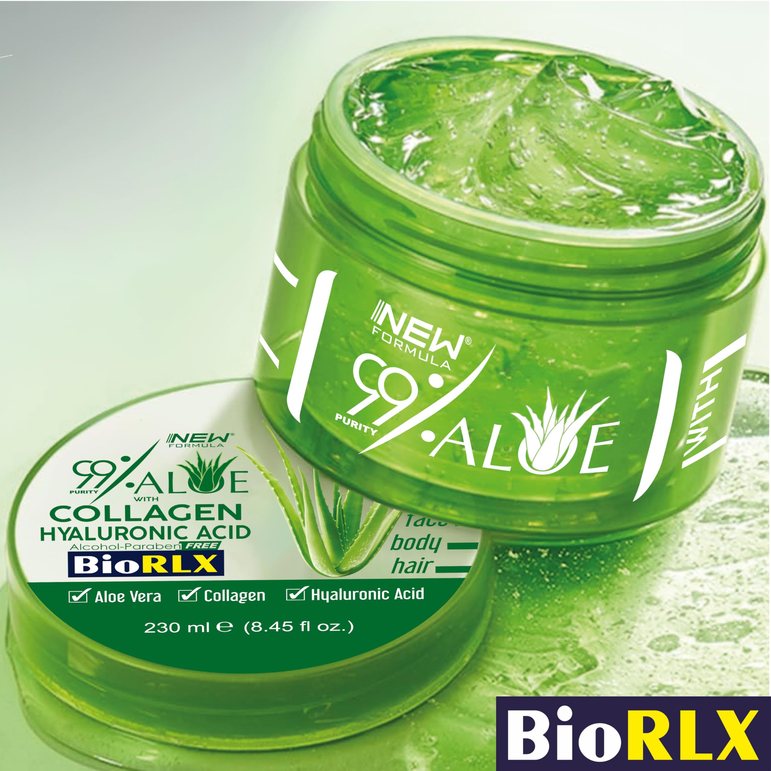BioRLX 99% Aloe Vera Gel with Collagen and Hyaluronic Acid 230 Ml 8.45 Fl Oz Jar - For Face Body, Hair & Scalp, After Sun Relief, Natural, Soothing, Hydrating