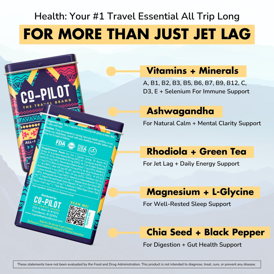 Co-Pilot The Travel Brand Supplement 2 Pack: Jet Lag Prevention + Ashwagandha, Rhodiola, D3+ for Immune Support, Energy, Digestive Health | Airplane Travel Essentials Multivitamin | Vegan | 120 Count
