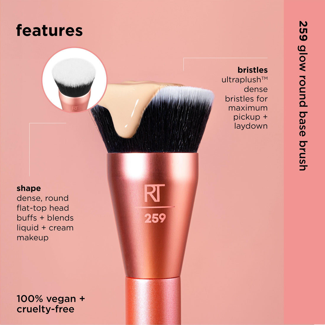 Real Techniques Glow Round Base Makeup Brush, For Liquid & Cream Makeup, Flat Top Foundation Brush For Buffing & Blending Up Coverage, Dense, Synthetic Bristles, Vegan & Cruelty Free, 1 Count