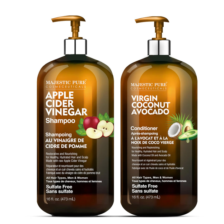 MAJESTIC PURE Apple Cider Vinegar Shampoo and Avocado Coconut Conditioner Set - Restores Shine & Reduces Itchy Scalp, Dandruff & Frizz - Sulfate Free, for All Hair Types, Men and Women - 2 x 16 fl oz