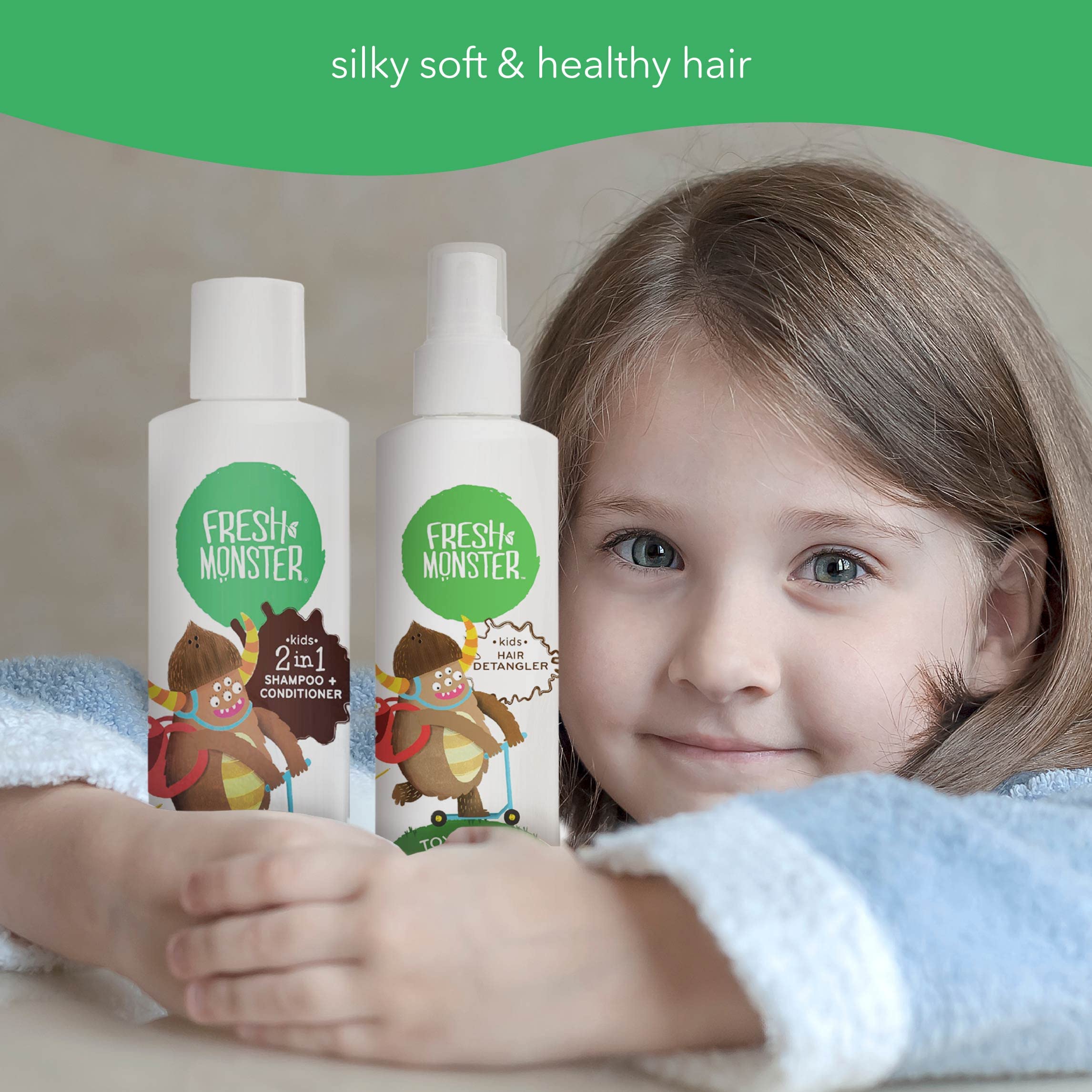Fresh Monster Toxin-free Hypoallergenic Kids Detangler Spray & 2in1 Shamoo & Conditioner, Coconut, 2 Count, 8 oz