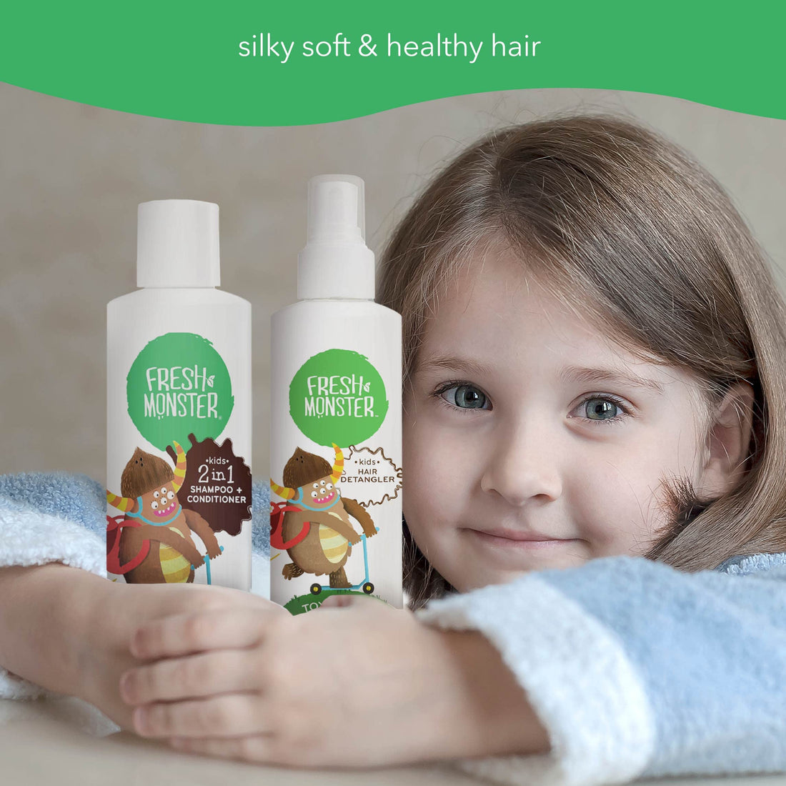 Fresh Monster Toxin-free Hypoallergenic Kids Detangler Spray & 2in1 Shamoo & Conditioner, Coconut, 2 Count, 8 oz