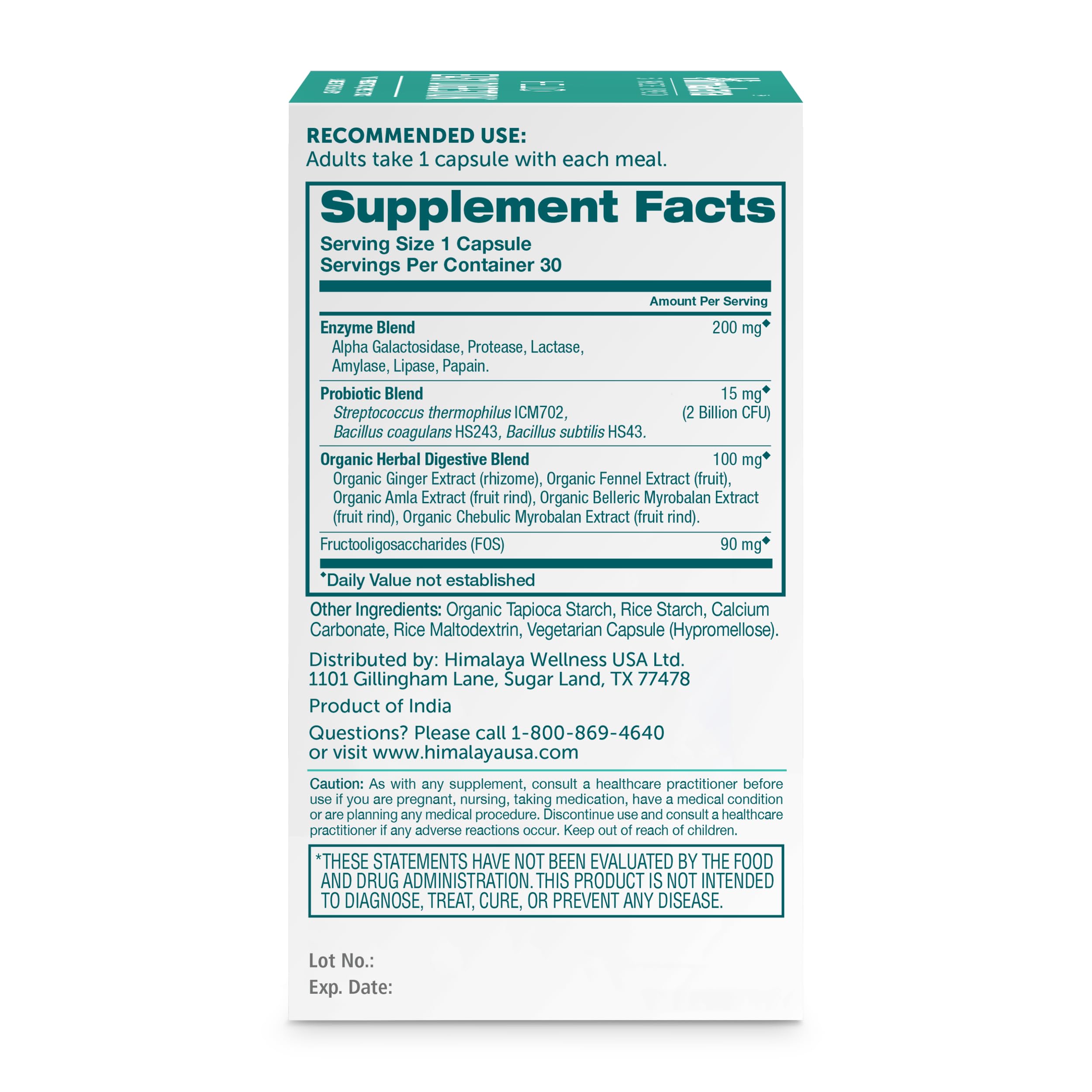 Himalaya Hello Easy Digestion, Digestive Enzymes with 2 Billion CFU Probiotics and Prebiotics, Plus 100 mg Herbal Digestive Support with Ginger, Fennel & Triphala, 30 Vegetarian Capsules