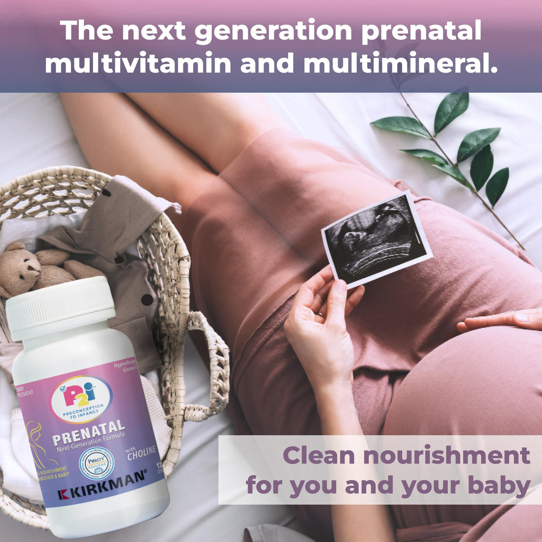 Kirkman P2i Prenatal Vitamins for Women, Multivitamin with Choline, 120 Capsules, Vital Daily Nutritional Support for Healthy Mother & Baby, OBGYN Formulated & Endorsed, Hypoallergenic & Gluten-Free