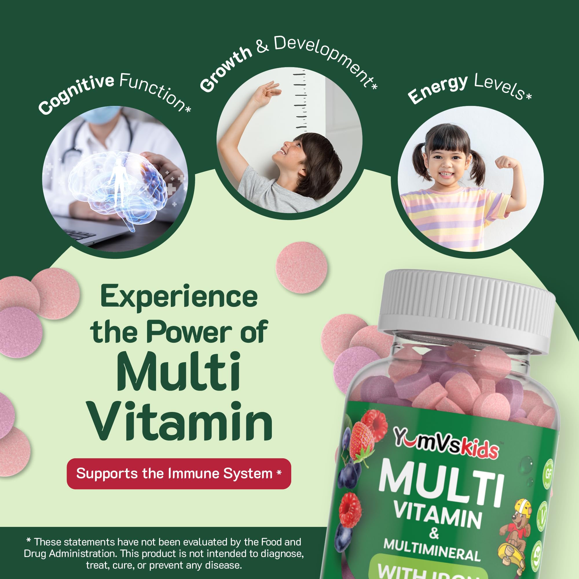 YumVs Complete Kids Multivitamin with Iron - Kids Chewable Multivitamin - Kids Vitamins Multivitamin + Kids Iron Supplement - Toddler Vitamins for 2 Year Old+, Kosher, Halal, Gluten Free (120 Tablets)