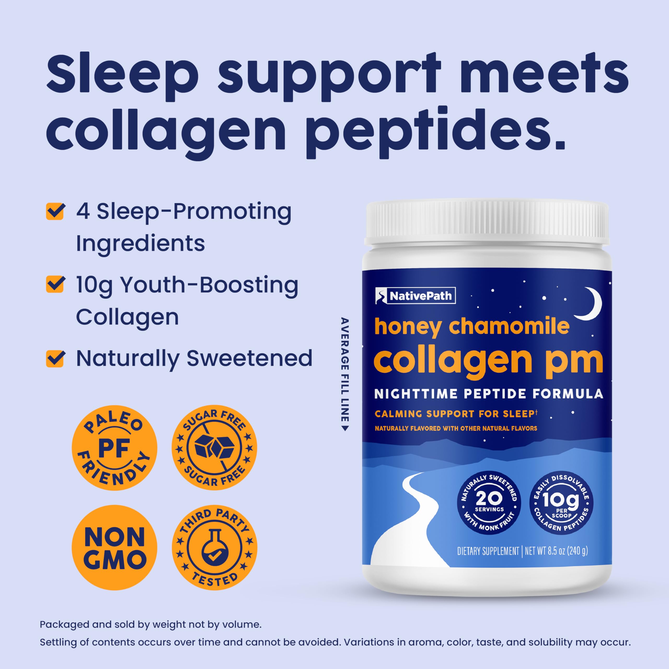 NativePath Collagen PM - Honey Chamomile Nighttime Collagen Peptides Powder with Magnesium, GABA, L-Theanine and Melatonin - 20 Servings