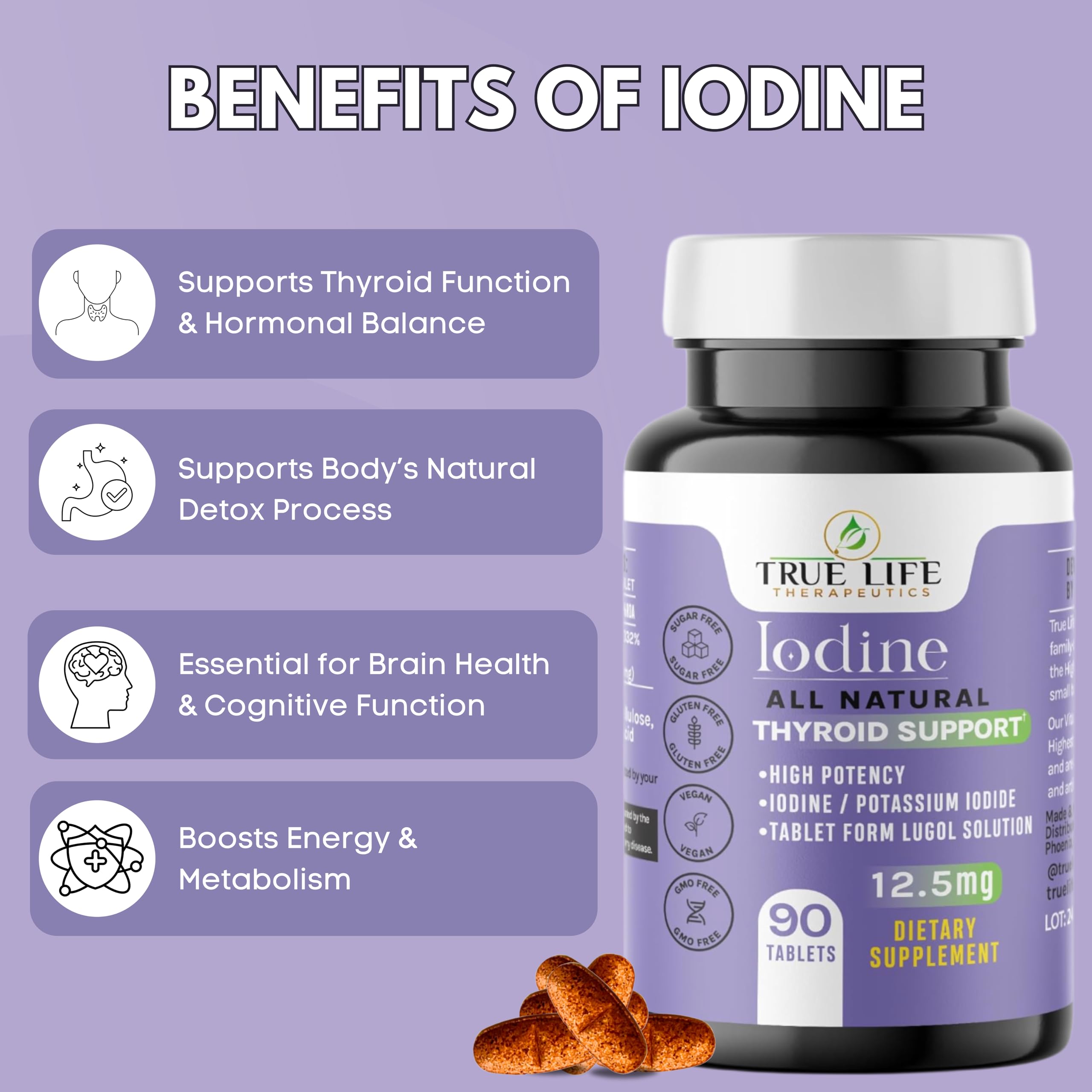 Lugol's Iodine Tablets 12.5mg x 90 ct - Reddish Brown Stable Iodine + Potassium Iodide Formula, Masks Bitter Liquid Taste, Thyroid Support, Detox, Breast Health - No Preservative, Non-GMO, Gluten-free