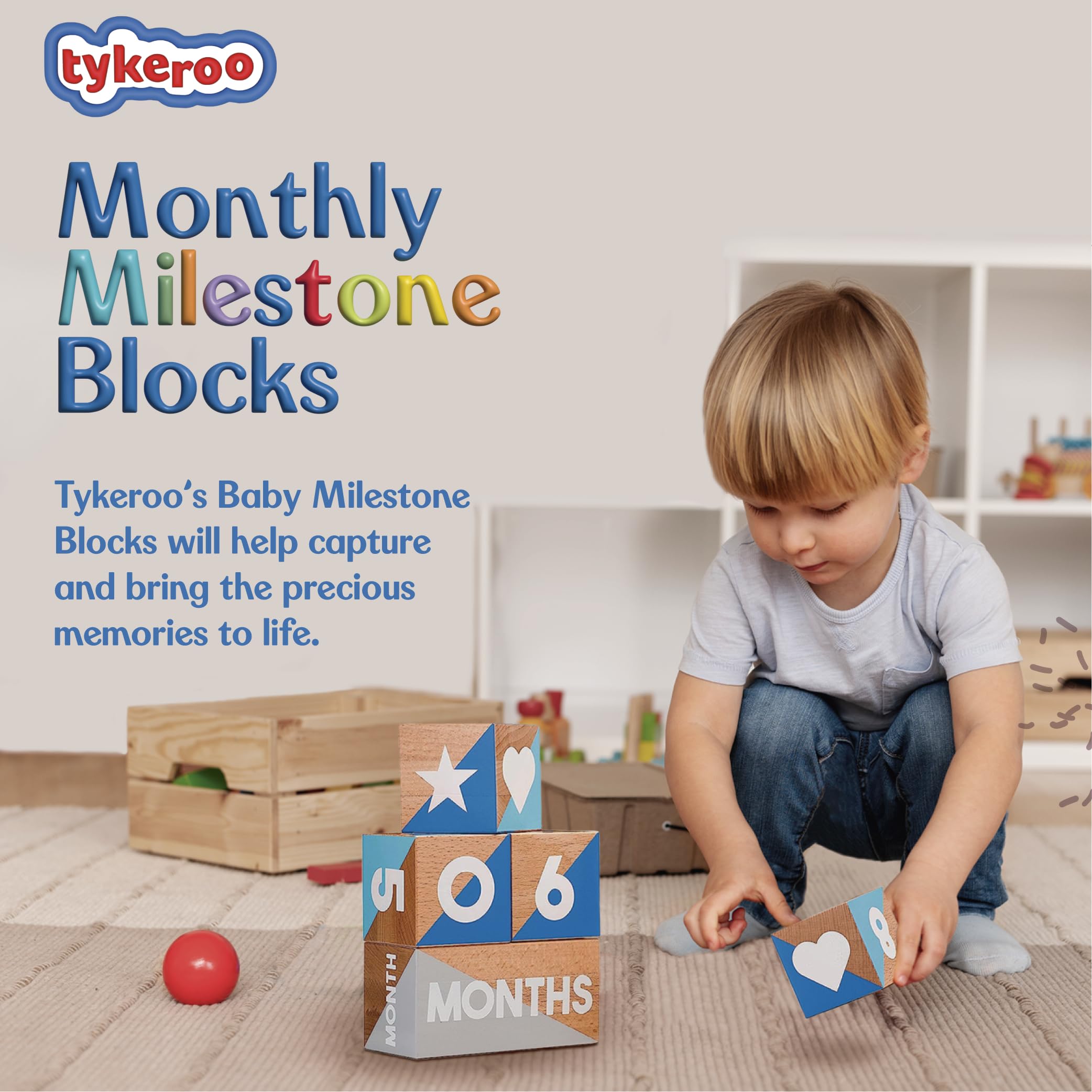 Tykeroo Baby Monthly Milestone Blocks — Cute Nursery Decor — Lovely Newborn Photography Props — Baby Shower Gifts (Blue & Gray)