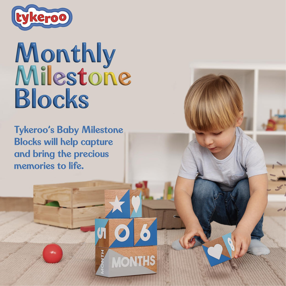 Tykeroo Baby Monthly Milestone Blocks — Cute Nursery Decor — Lovely Newborn Photography Props — Baby Shower Gifts (Blue & Gray)