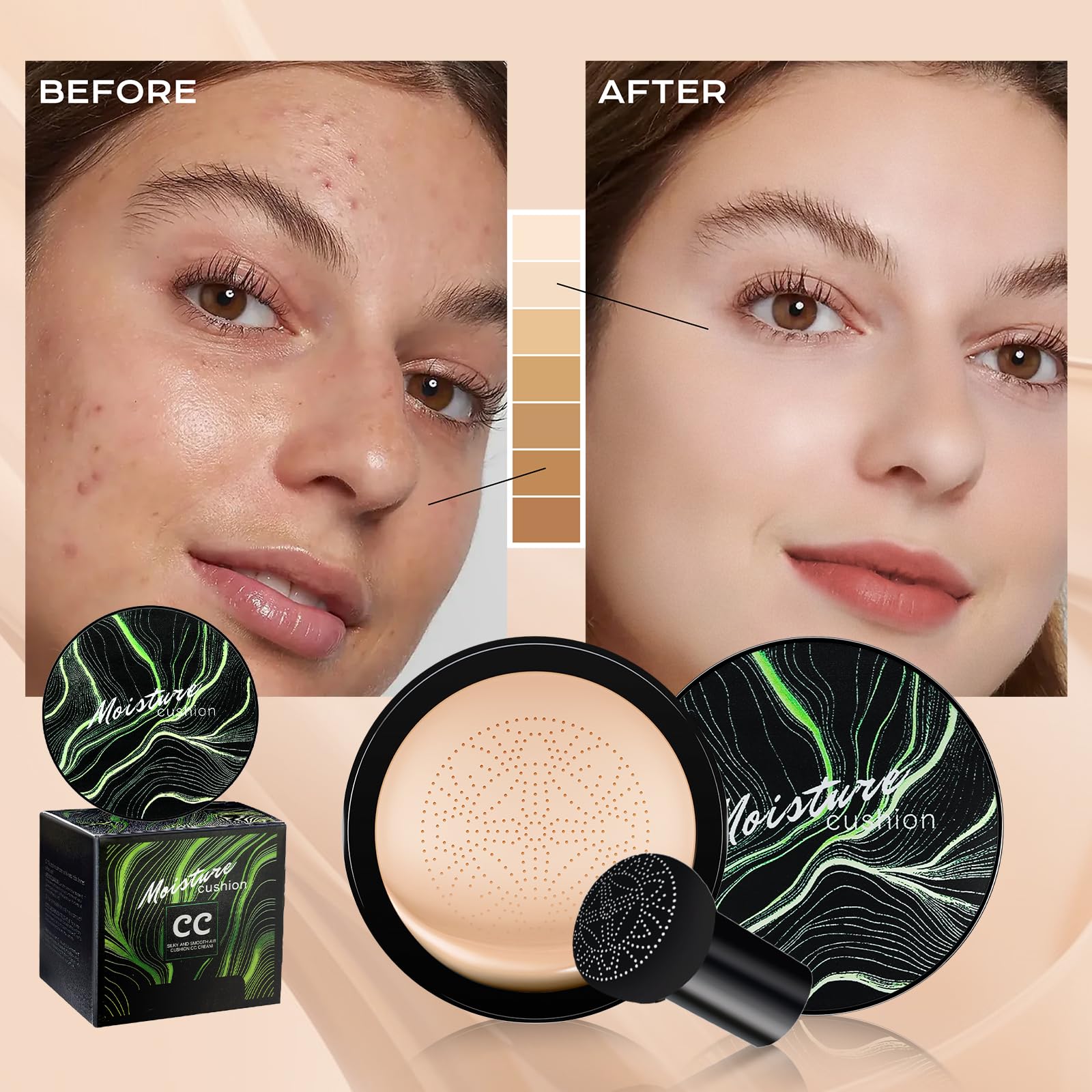 Mushroom Head Air Cushion CC Cream - BB Cream Foundation Makeup Moisturizing Concealer Long-Lasting, Cushion Foundation Full Coverage Self Adjusting for Mature Skin & All Skin Types (Natural)