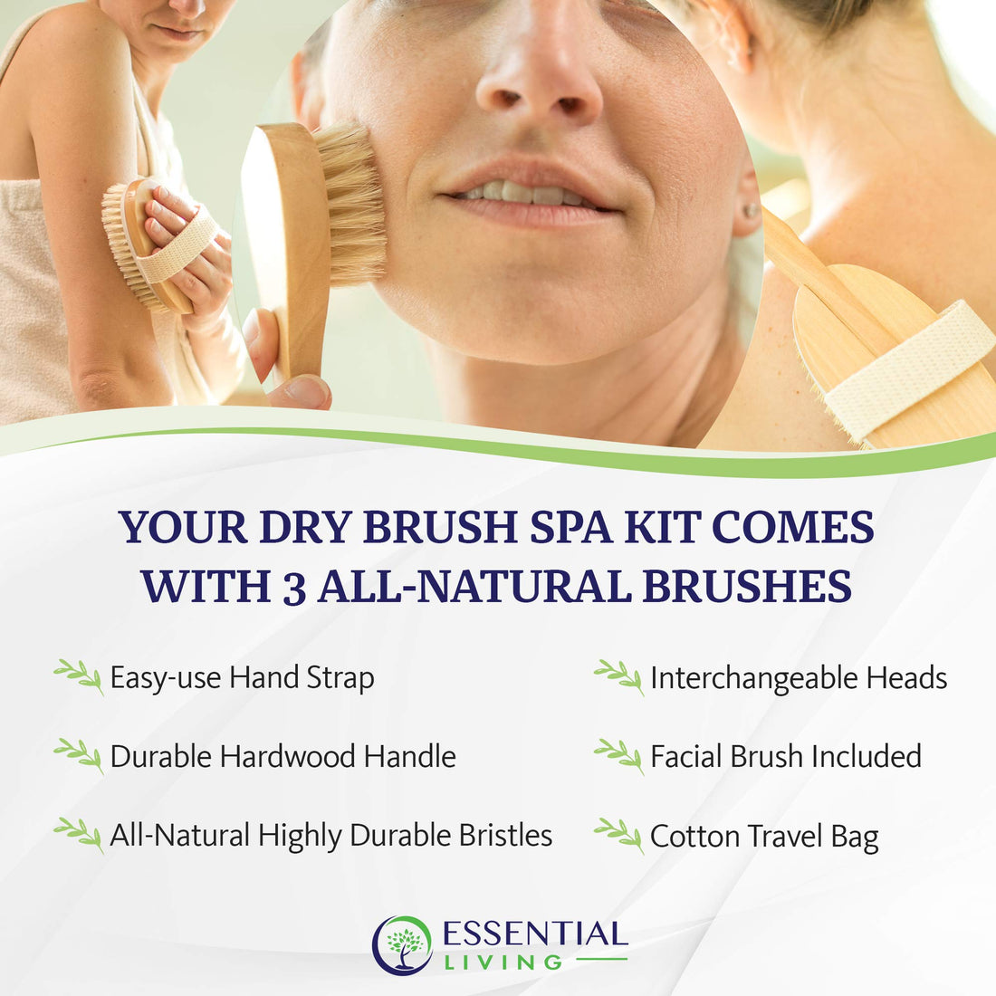 3 Piece Dry Brush Set for Cellulite Massaging, Dry Body Brushing