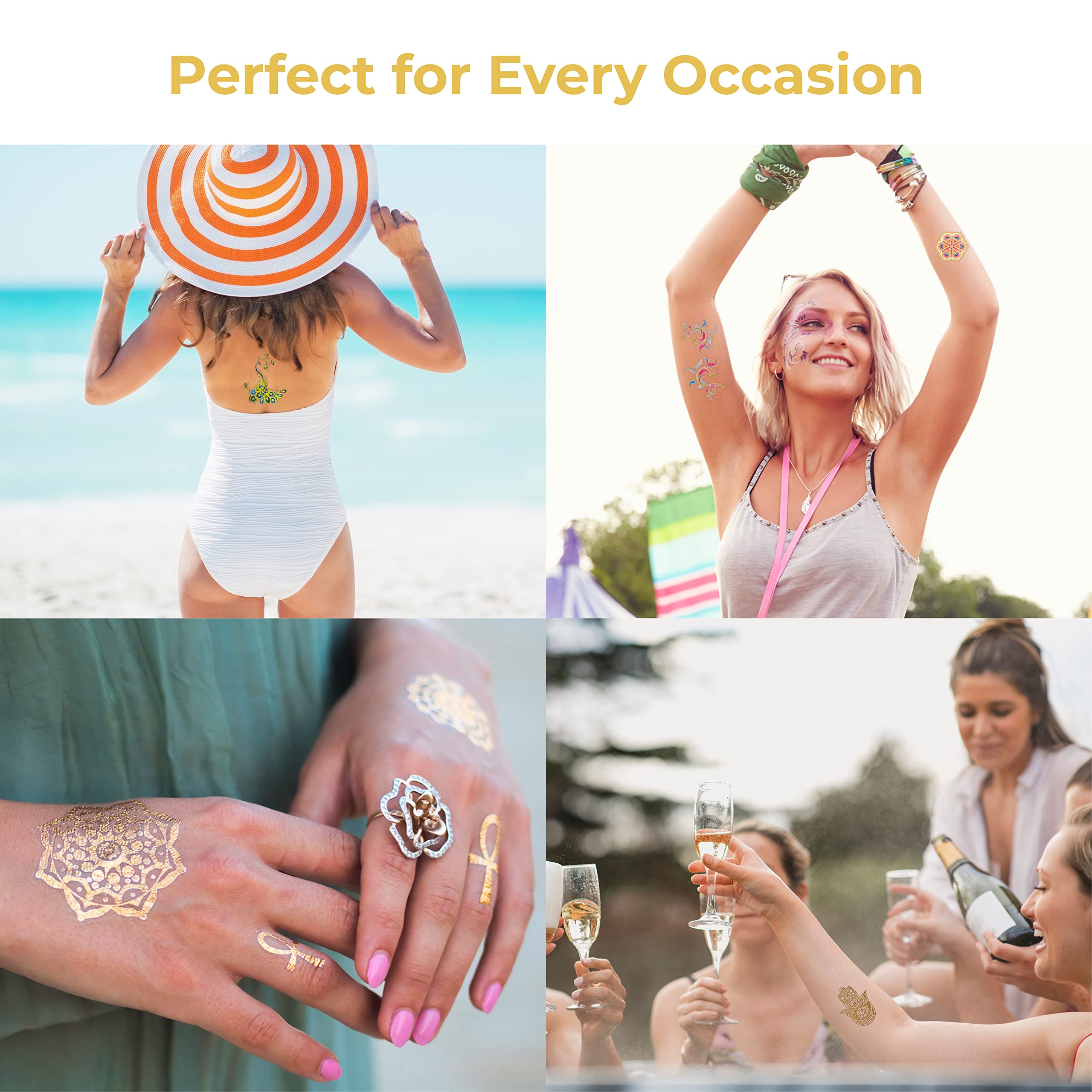 Metallic Temporary Tattoos for Girls Women Teens - 8 Sheets 100+ Gold Silver Temporary Tattoos Glitter Shimmer Tattoo Designs Jewelry Tattoos - Color Flash Fake Waterproof Tattoo Stickers (Mustique)