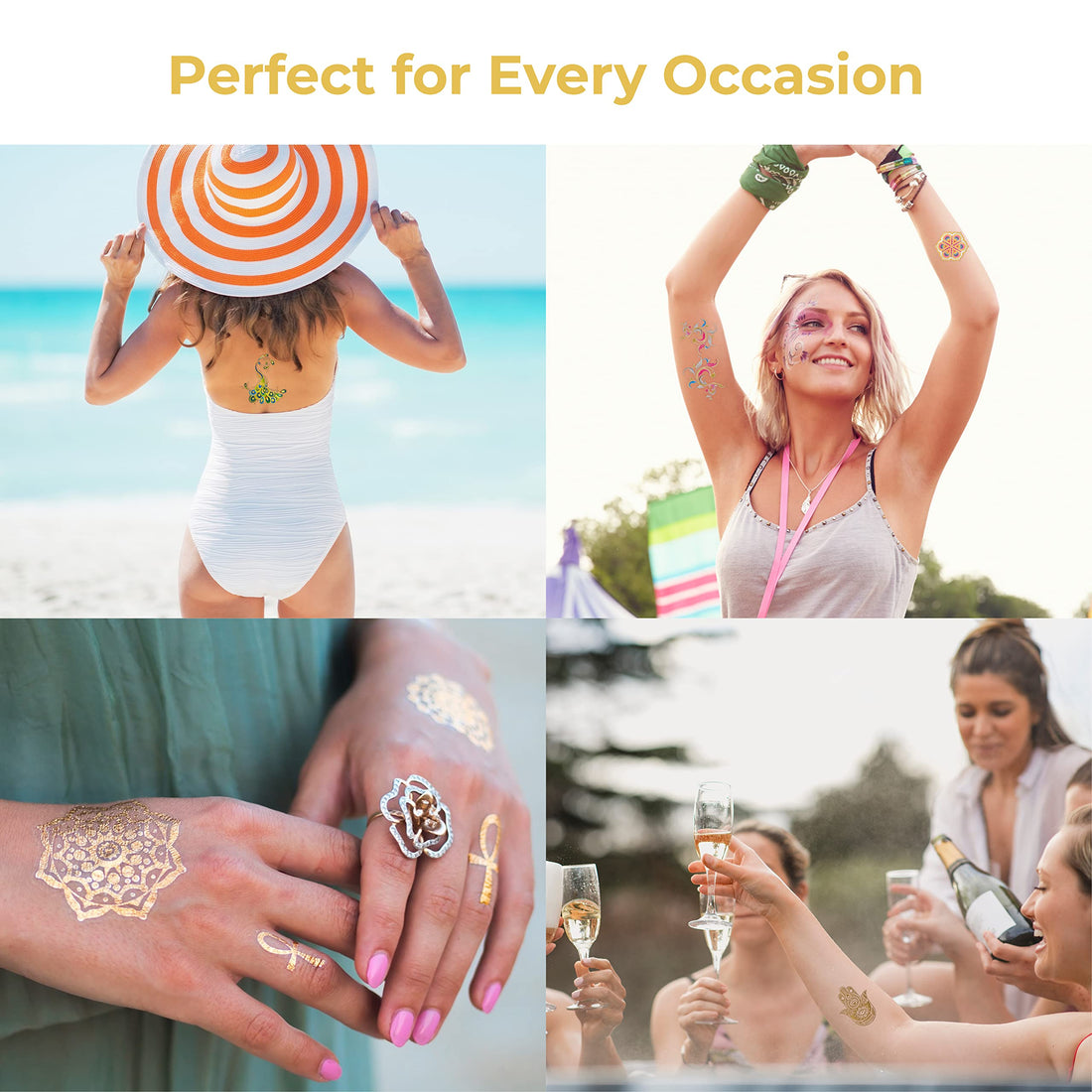 Metallic Temporary Tattoos for Girls Women Teens - 8 Sheets 100+ Gold Silver Temporary Tattoos Glitter Shimmer Tattoo Designs Jewelry Tattoos - Color Flash Fake Waterproof Tattoo Stickers (Mustique)