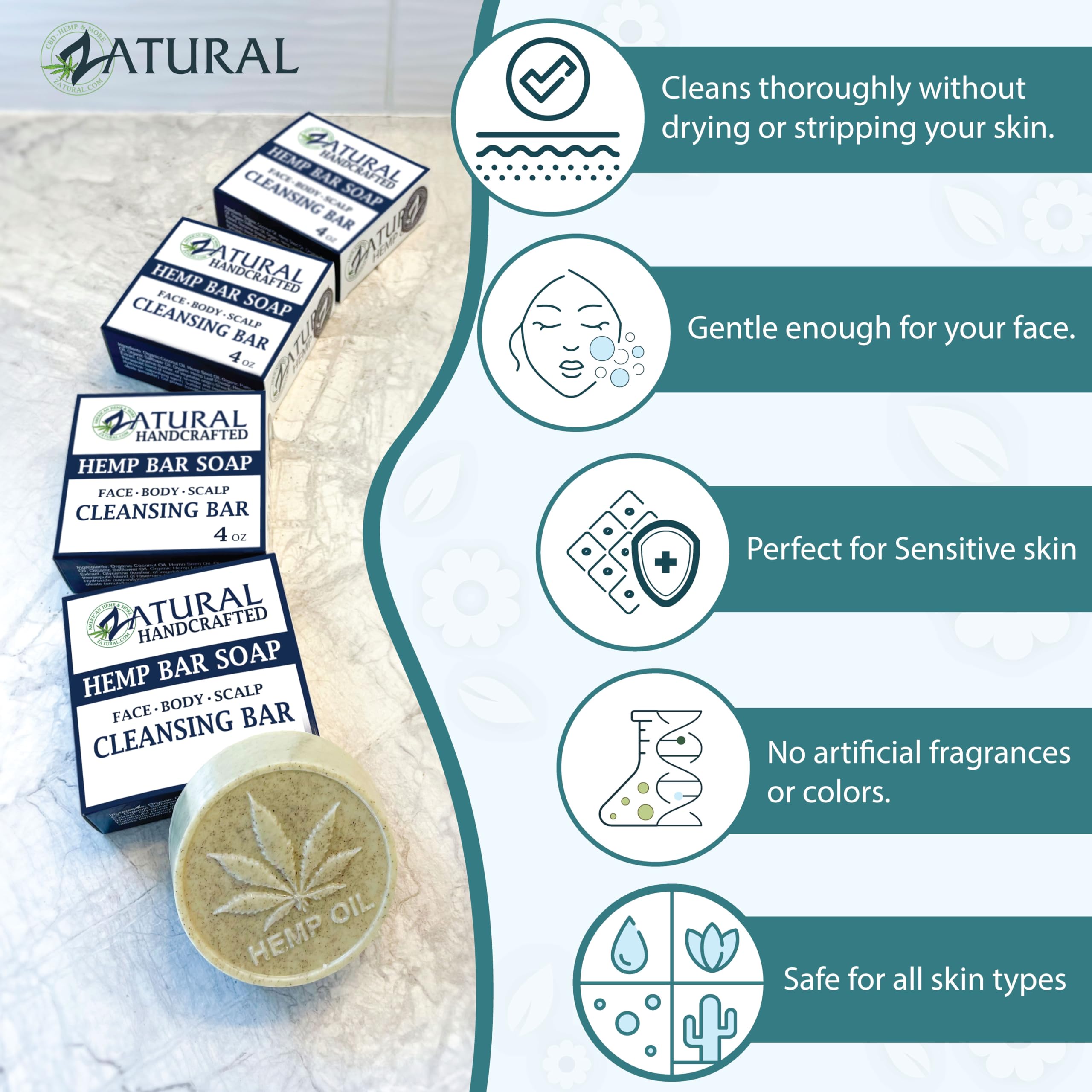 Hemp Bar Soap, 100% Natural Ingredients, Heal, Moisturize, and Cleanse. (5 Bars)