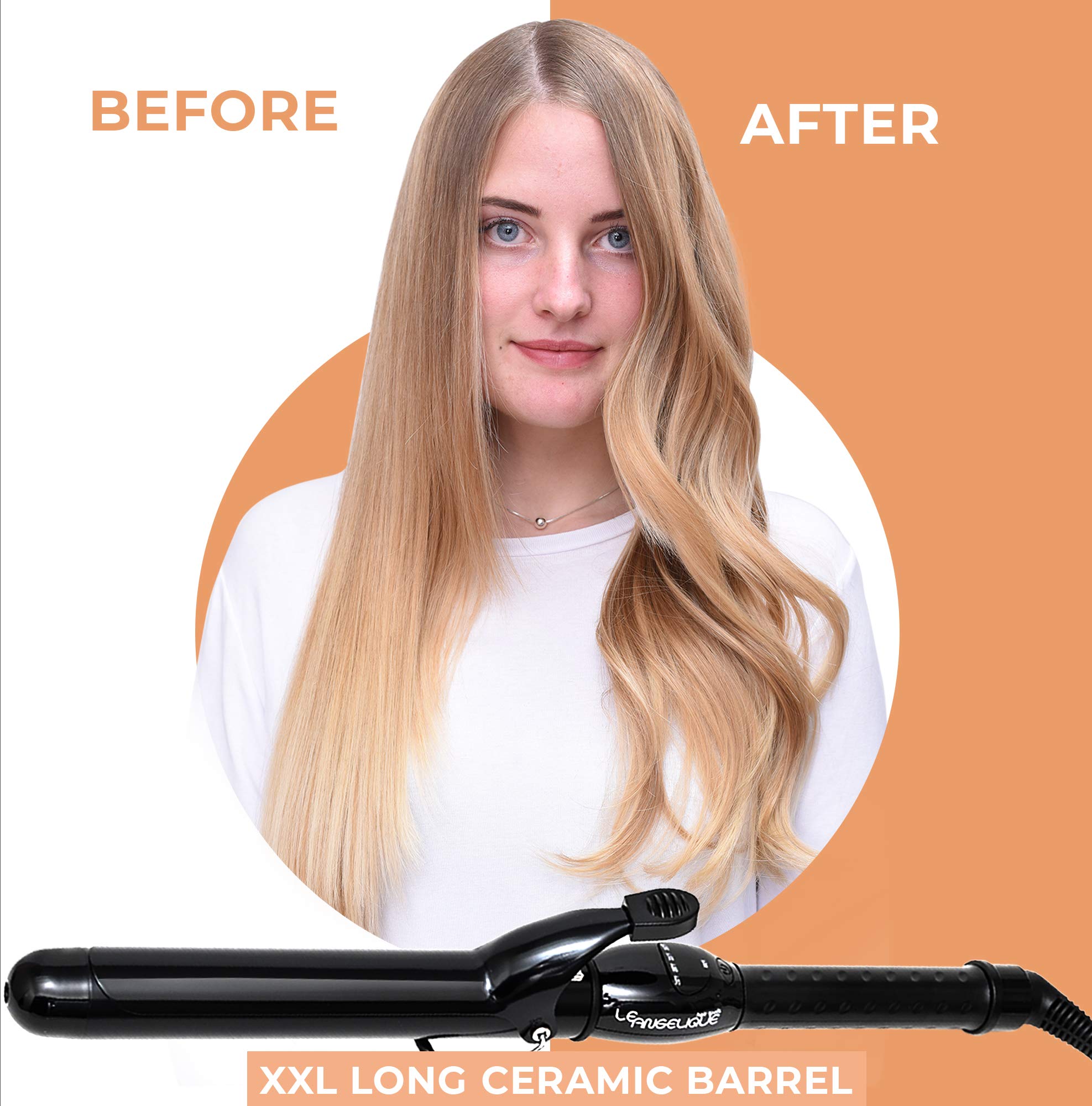 Le Angelique 1 inch Curling Iron with Clip - Professional 8 Extra Large Barrel for Big Long Hair | 1 25mm Wide Thick Ceramic Curler Wand | Adjustable Temperature | Dual Voltage