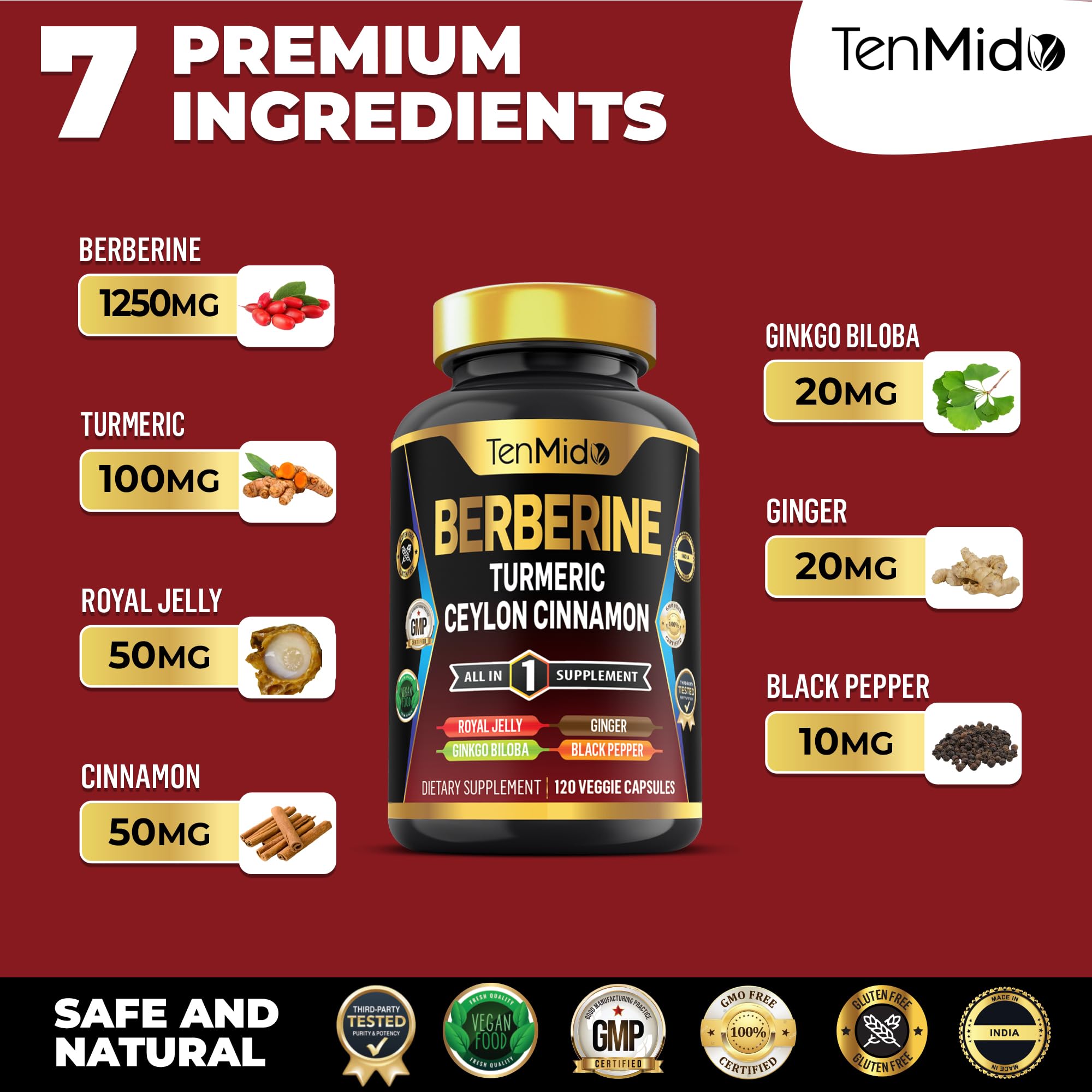 Tenmido Berberine Supplement - 7in1 Formula - Combine with Turmeric, Royal Jelly, Ceylon Cinnamon, Ginkgo Biloba, Ginger & Black Pepper - Digestive Health, Immune Support - 120 Capsules