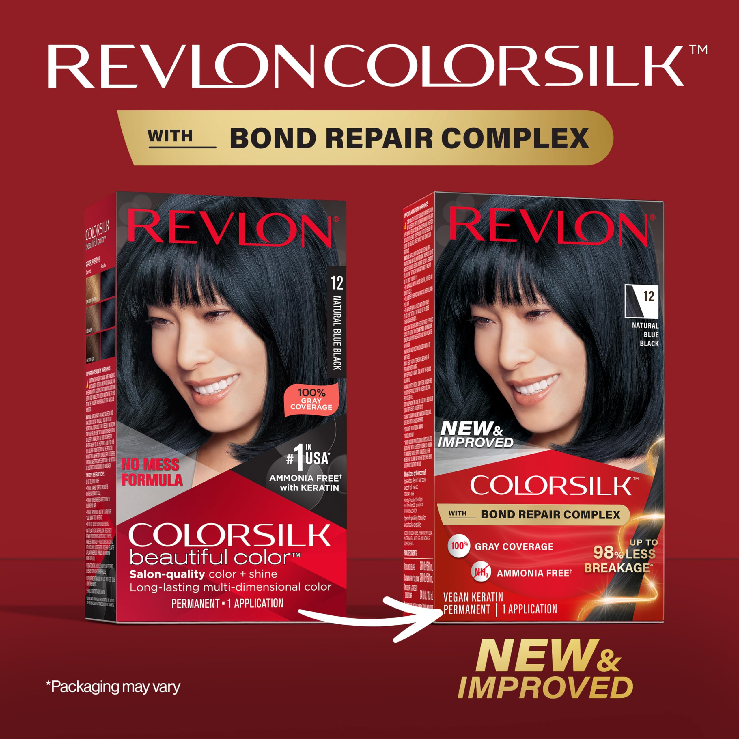 Revlon ColorSilk with Bond Repair Complex, Black Permanent Hair Color, 100% Gray Coverage, Ammonia Free Hair Dye, Vegan Keratin, 12 Natural Blue Black (Pack of 3)