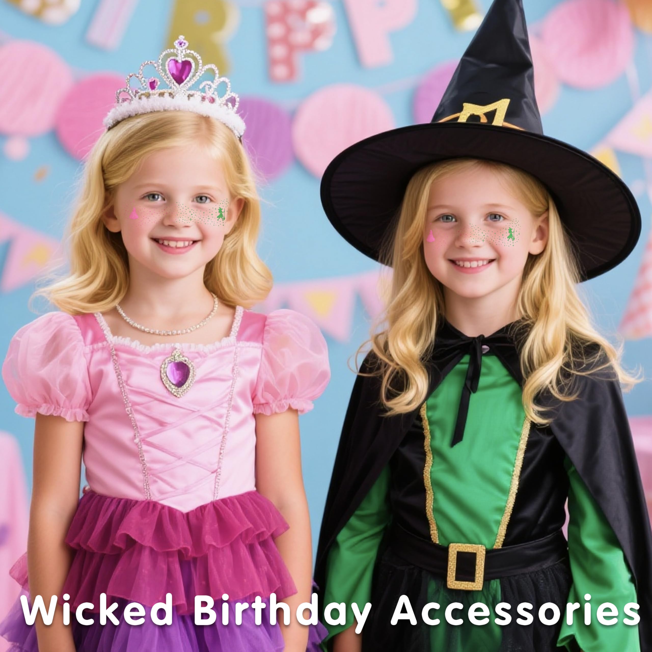 MEICOLY Halloween Glitter Freckles Witch Tattoos for Kids,Friendship Green Witch Pink Princess Stickers for Wicked Makeup Costume,Wicked Birthday Party Accessories,Wicked Party Favors,8 Counts