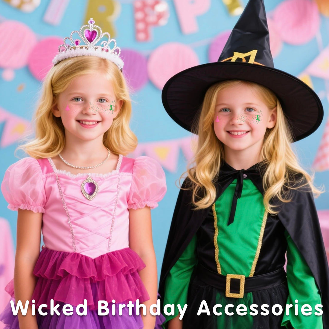 MEICOLY Halloween Glitter Freckles Witch Tattoos for Kids,Friendship Green Witch Pink Princess Stickers for Wicked Makeup Costume,Wicked Birthday Party Accessories,Wicked Party Favors,8 Counts