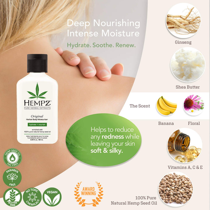 Hempz Original, Sweet Pineapple & Honey Melon, and Triple Moisture Travel Size Moisturizers, Pure, Natural & Herbal Hemp Seed Lotion for Dryness, 2.25oz, 3-Pack Bundle