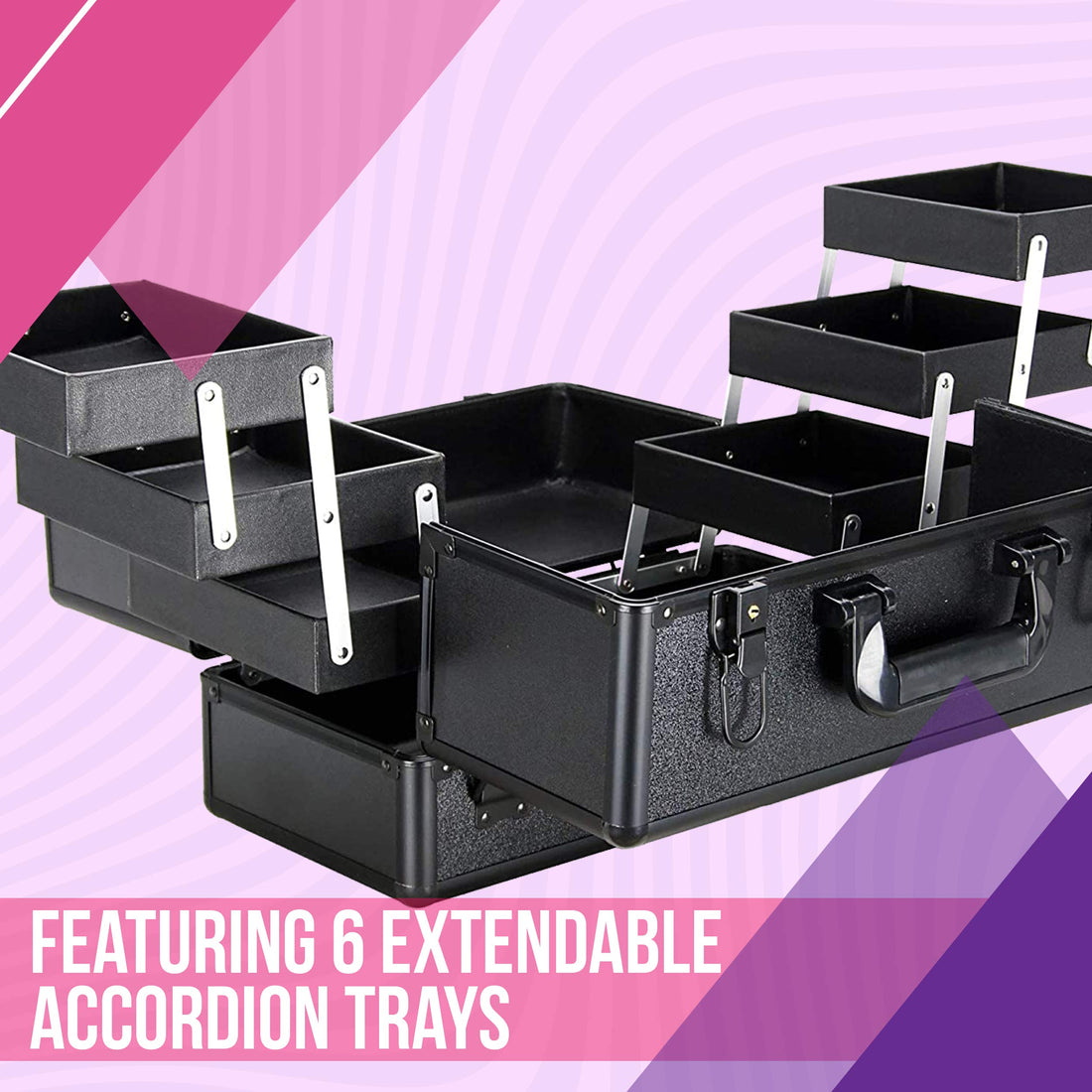 Ver beauty 6-tiers accordion trays professional cosmetic makeup train case organizer travel - vp001, Black Matte