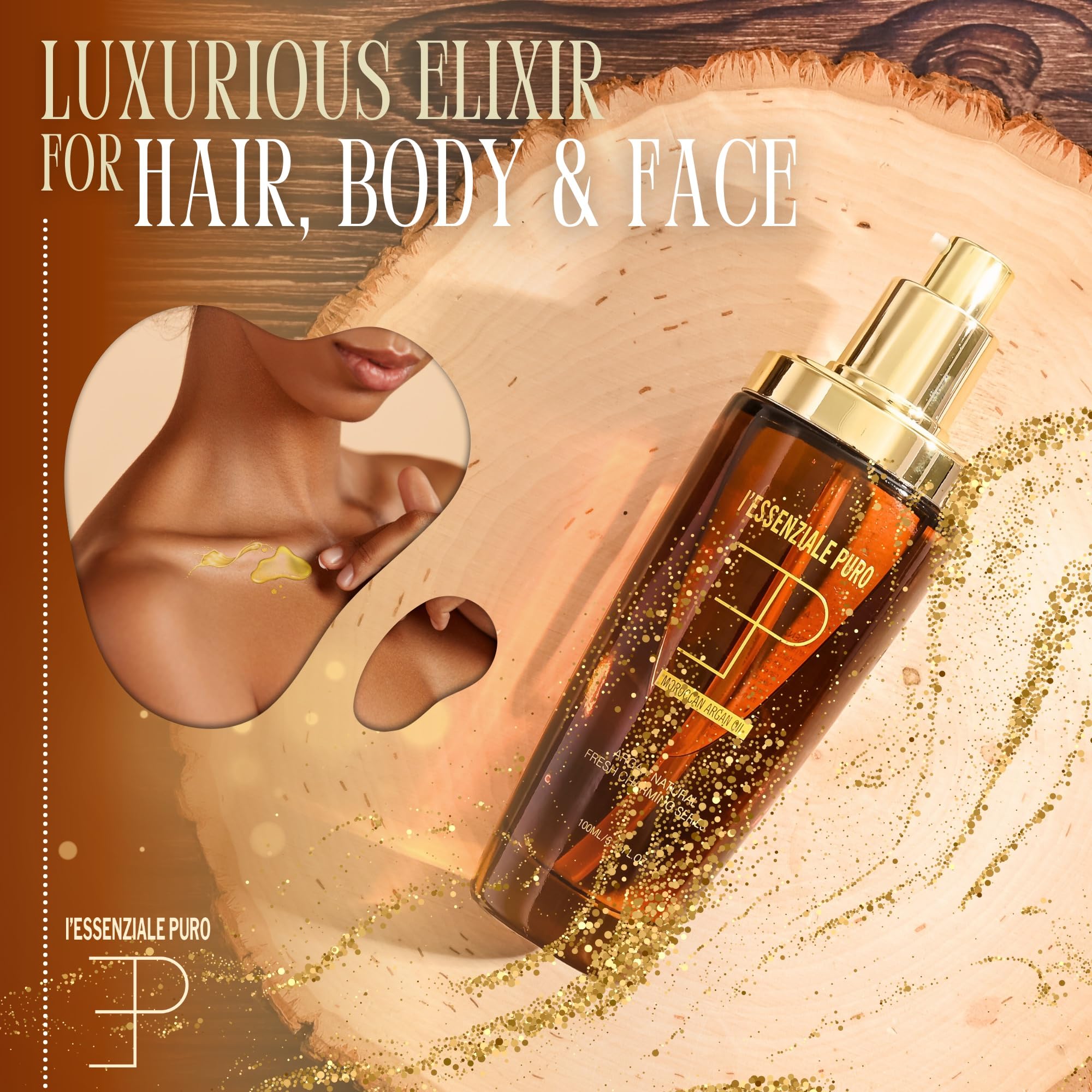 L'Essenziale Puro Premium Moroccan Argan Oil - Hydrating Moroccan Hair Oil & Body Oil For Women & Men - Adds Shine, Controls Frizz, & Moisturizes - Luxury Beauty Elixir From Dubai (100ml, 3.38 Fl Oz)