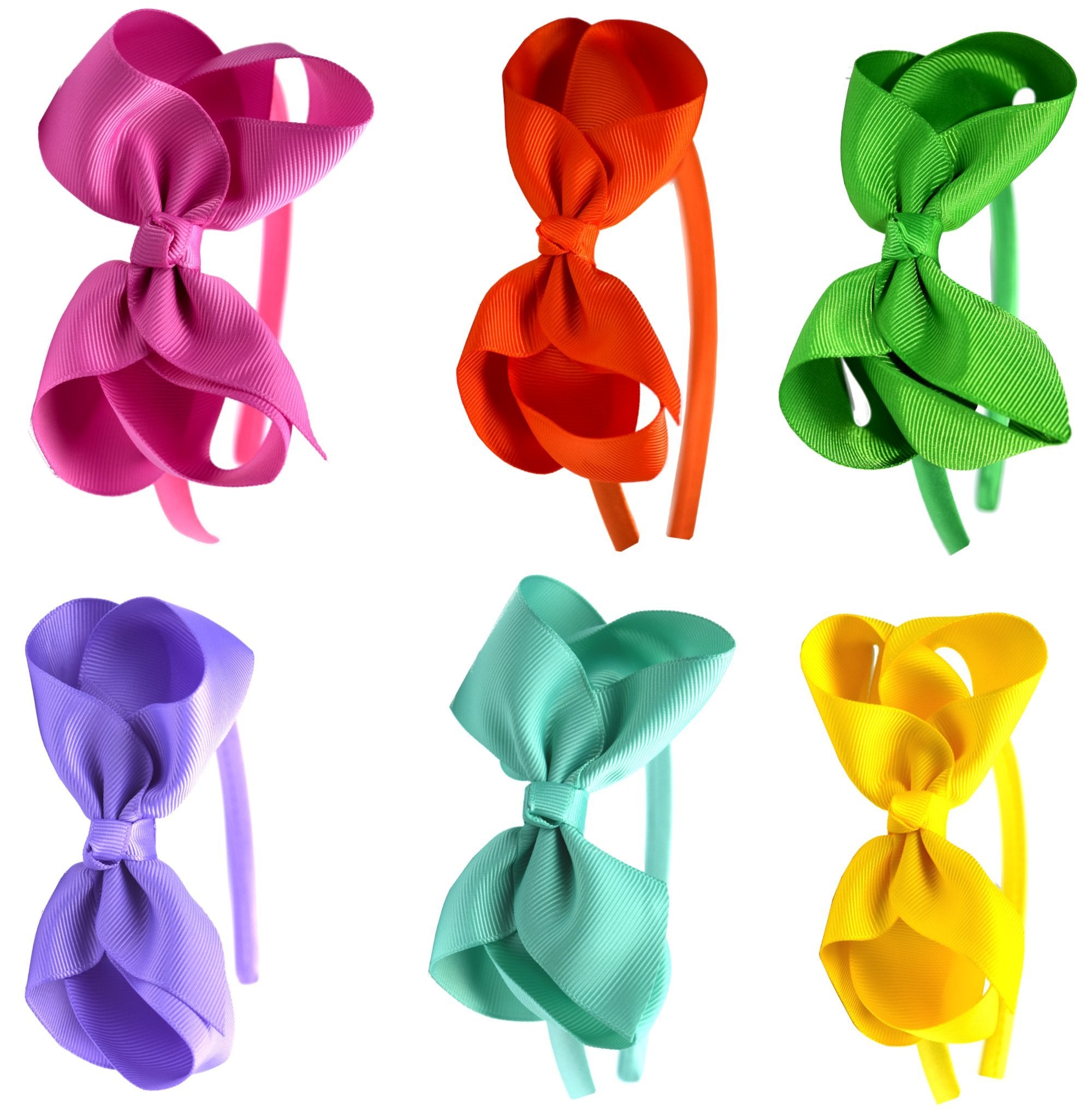 Syleia Fashion Headbands with 4 inch Bow, Set of 6 Pink, Orange, Green, Lavender, Teal and Yellow - School and Playtime Perfect Hair