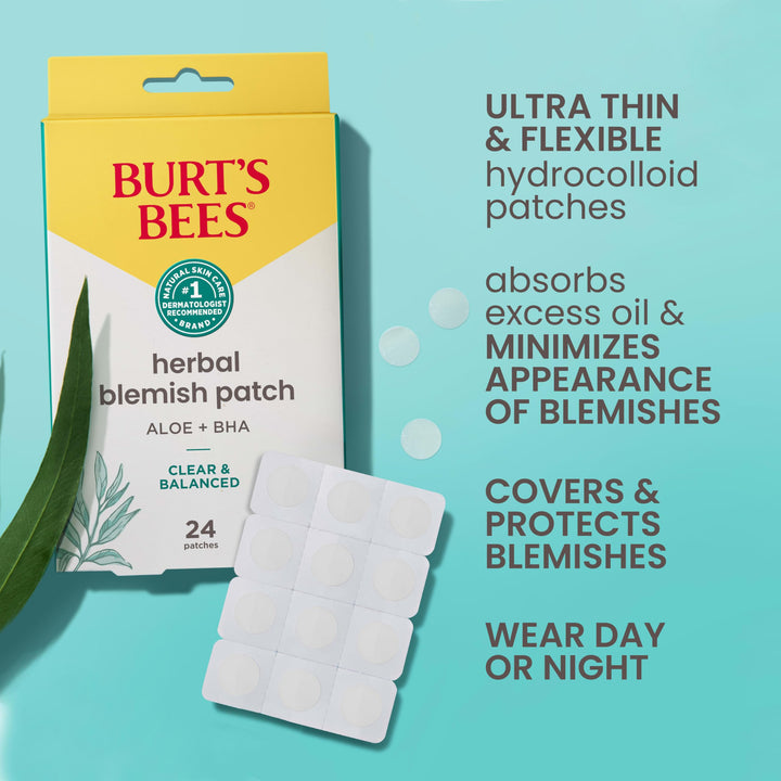 Burt's Bees Herbal Blemish Patch With Fermented Willow Bark Extract and Soothing Aloe, Clear and Balanced Spot Treatment for Pimples, 100 Percent Natural Origin Skin Care, 24 ct. Package