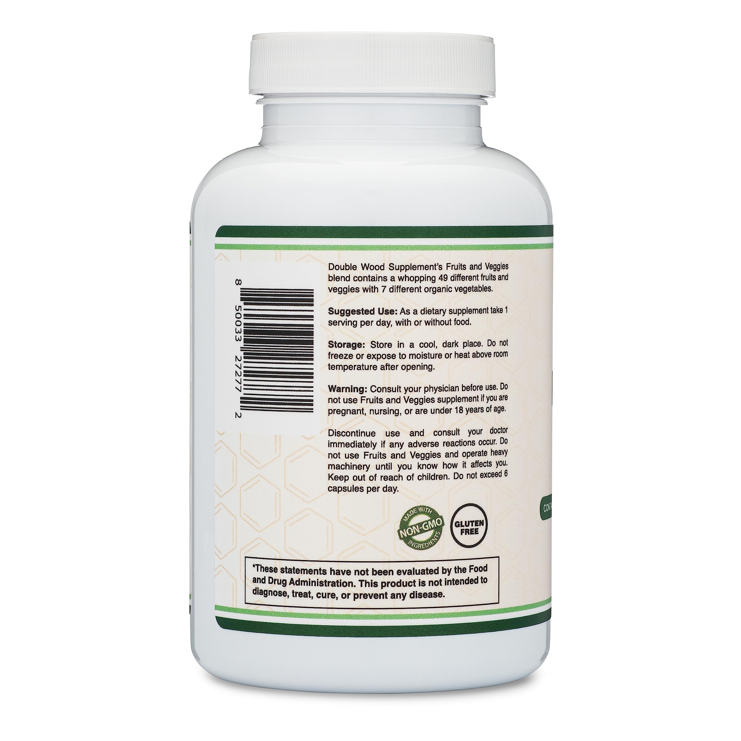 Fruits and Veggies Supplement (Daily Blend of 49 Different Fruits and Vegetables, 23 Veggies and 29 Fruits) 1,500mg Servings, 180 Capsules (No Fillers, Vegan Safe, Non-GMO) by Double Wood