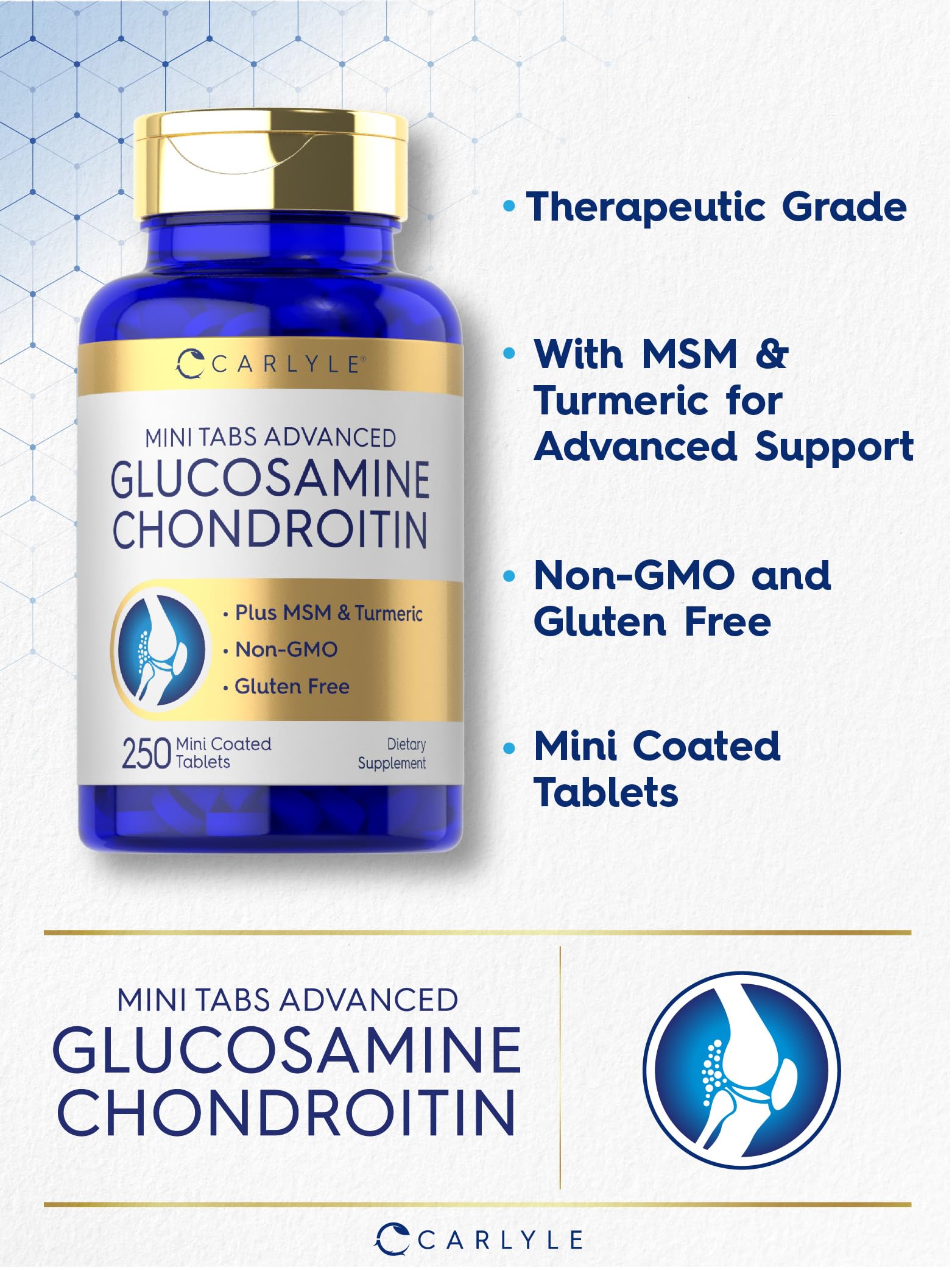 Carlyle Glucosamine Chondroitin MSM Turmeric | 250 Mini Tablets | Non-GMO and Gluten Free