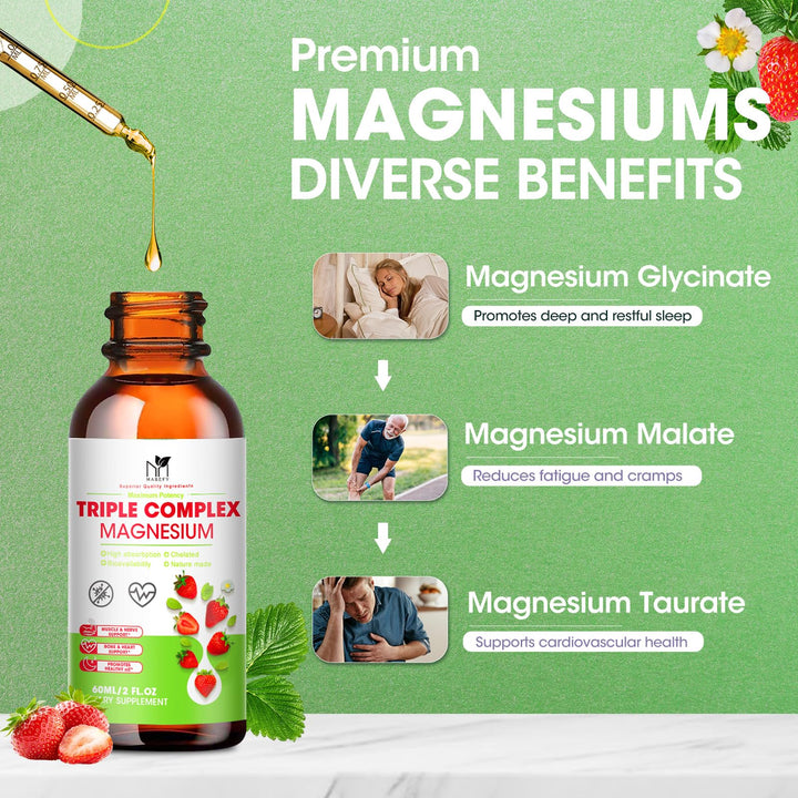 Magnesium Glycinate Liquid Drops, Magnesium Glycinate, Taurate & Malate for Energy, Muscle, Bone, Calm & Digestion, 2 Fl Oz Magnesium Supplement, Strawberry Flavor