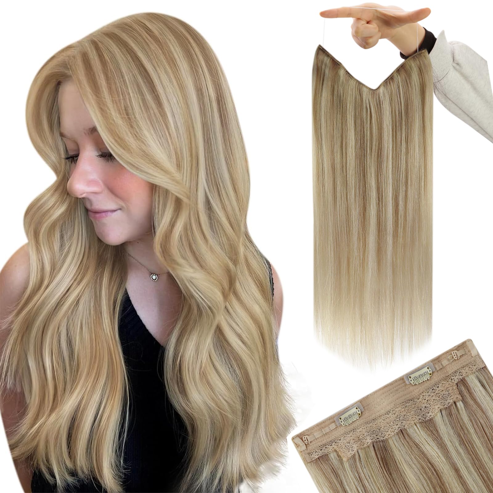 YoungSee Hair Extensions Wire Human Hair Dark Ash Brown Highlight with Golden Blonde Wire Hair Extensions Human Hair Highlight Hair Extensions with Clips in Wire Real Hair 16in 80g