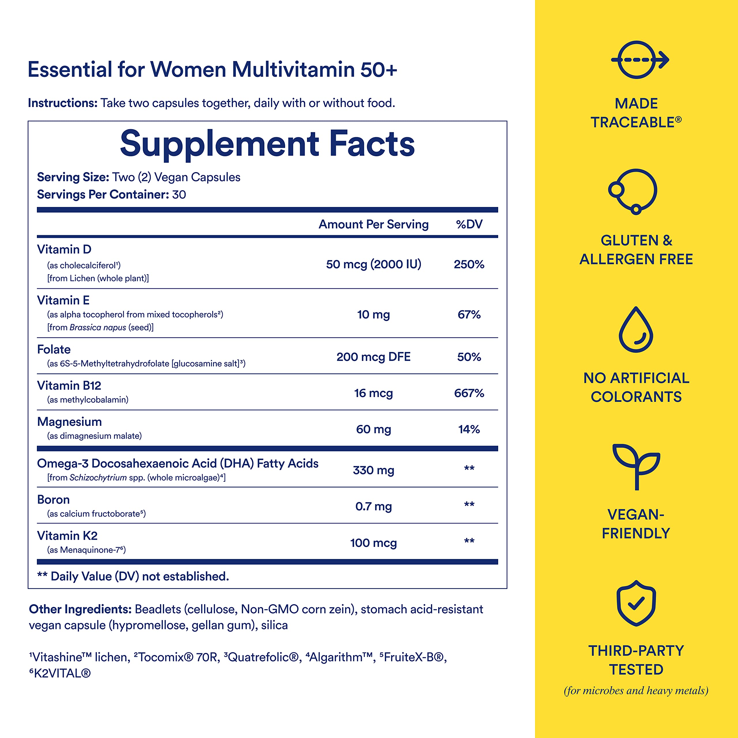 Ritual Multivitamin for Women 50+, Menopause Supplements with Vitamin D3, K2 and Magnesium for Bone Support*, Omega-3 DHA, Vitamin B12, Non-GMO, Mint Essenced, 30 Day Supply, 60 Vegan Capsules