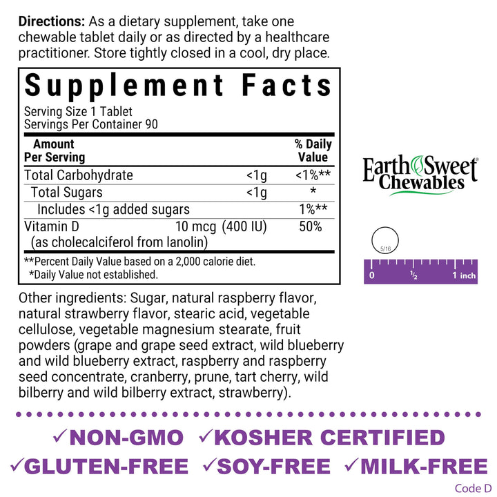 BLUEBONNET NUTRITION Earthsweet Chew VIT D3 400 IU, 90 CT