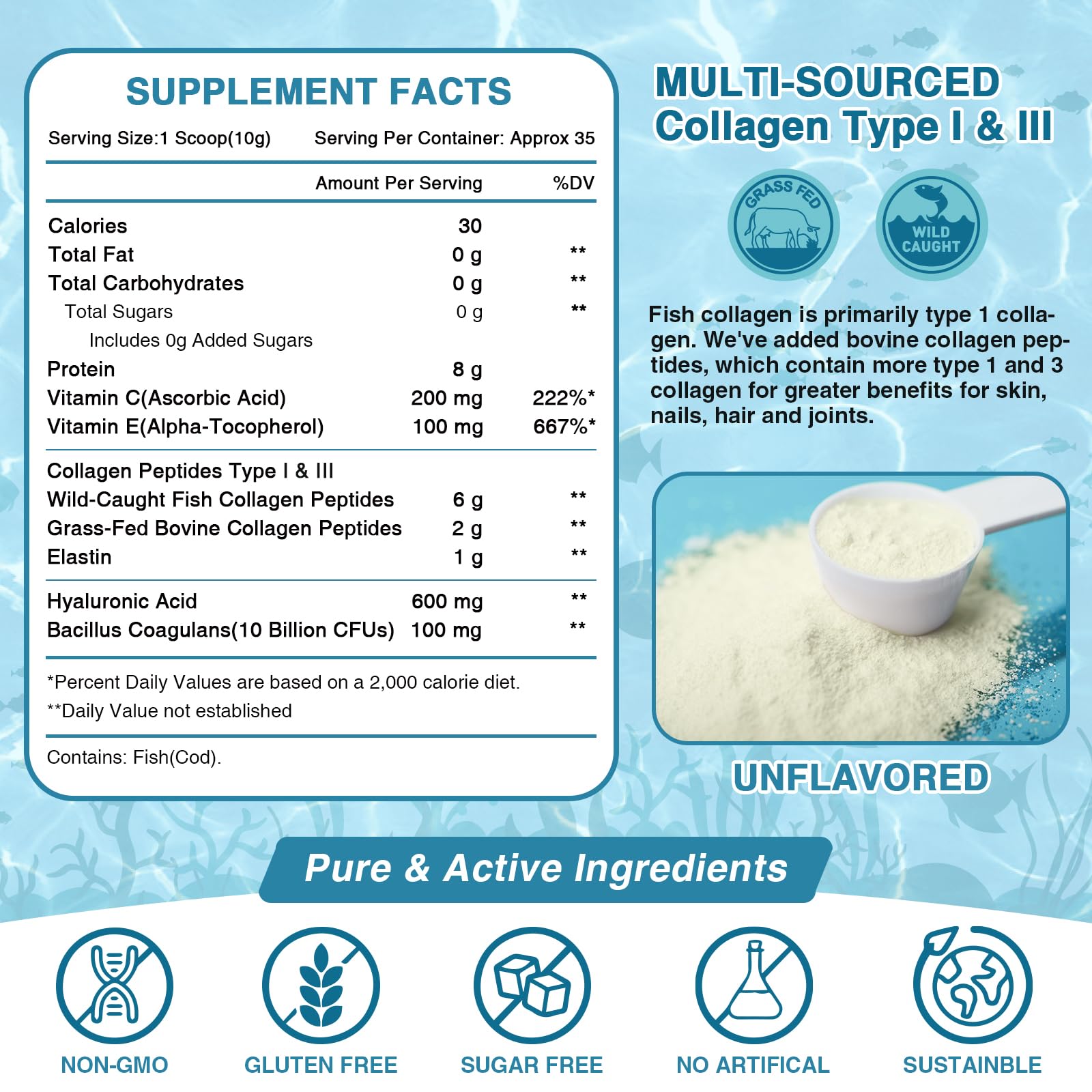 NATURE TARGET Marine Collagen Peptides Powder - Type I & III Collagen with Probiotics, Vitamin C & Hyaluronic Acid for Skin, Hair, Nails & Joint, Wild-Caught Fish & Grass-Fed Bovine, 35 Servings