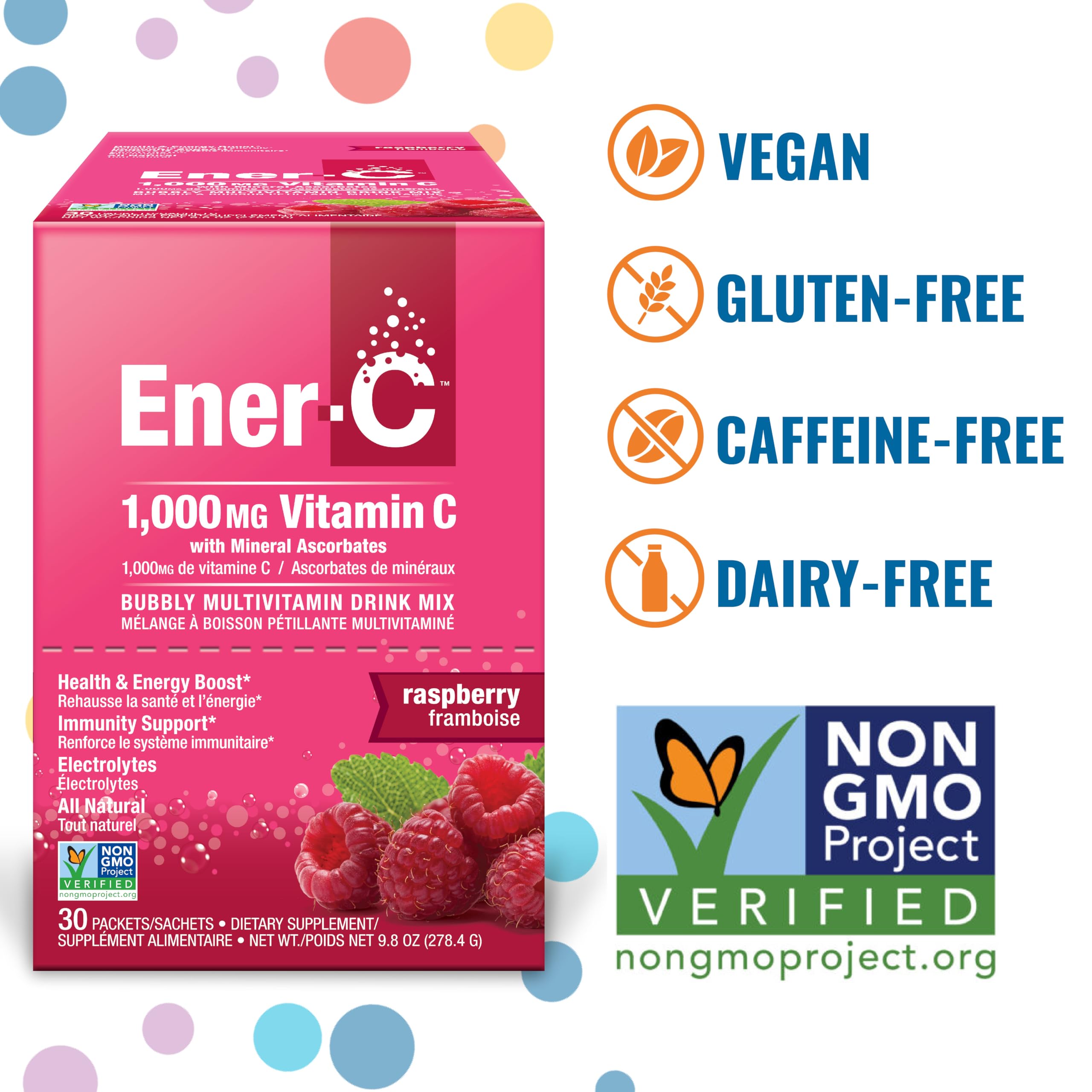 Ener-C Raspberry Multivitamin Drink Mix Powder Vitamin C 1000mg & Electrolytes with Real Fruit Juice Natural Energy & Immune Support for Women & Men - Non-GMO Vegan & Gluten Free - 60 Count