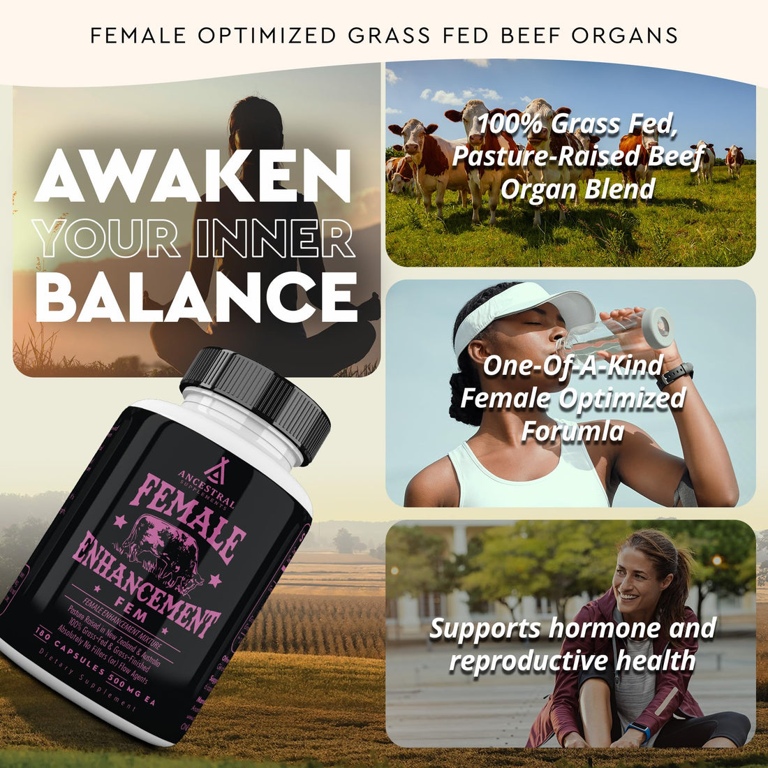 Ancestral Supplements Grass Fed FEM Liver Supplement for Women with Collagen, CoQ10, Vitamin B12, Joint Support Bone Marrow Capsules for Energy, Immunity, Pasture Raised, NonGMO, 500mg Each, 180 Count
