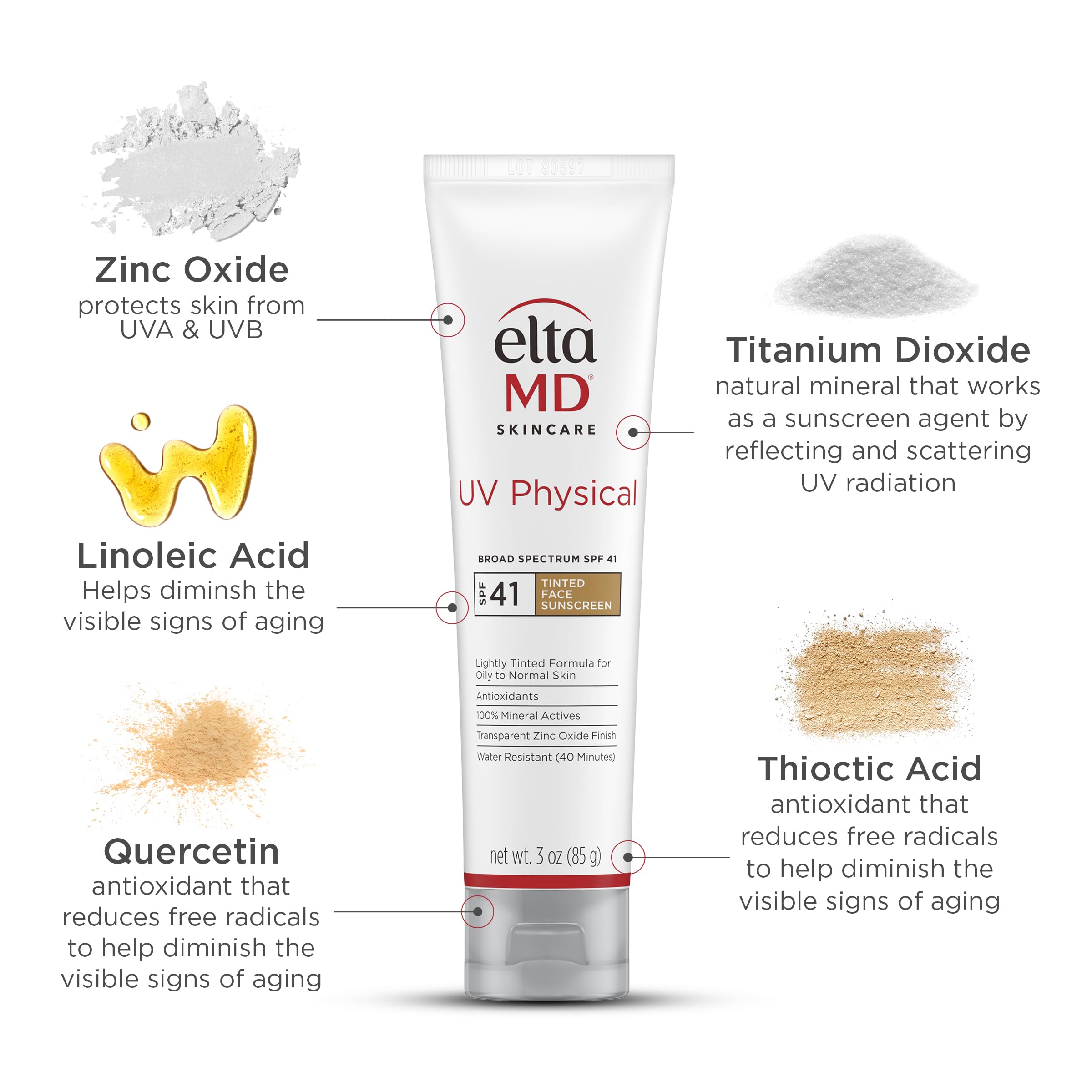 EltaMD UV Physical Tinted Sunscreen for Face, SPF 41 Tinted Sunscreen, 100% Mineral Active Sunscreen, 3.0 oz Tube