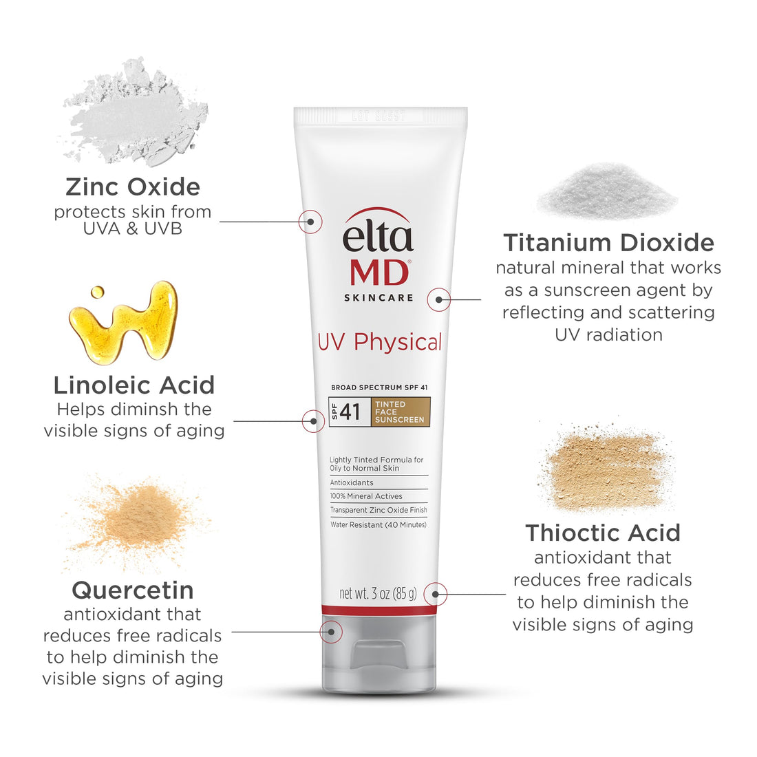 EltaMD UV Physical Tinted Sunscreen for Face, SPF 41 Tinted Sunscreen, 100% Mineral Active Sunscreen, 3.0 oz Tube