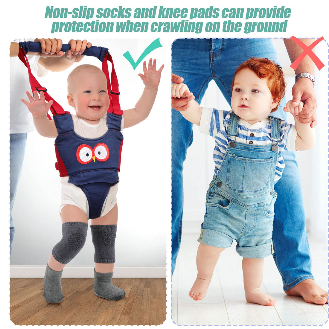 Panitay Handheld Baby Walking Harness Adjustable Toddler Walking Assistant Baby Walker Assistant Belt with 4 Pairs Crawling Anti-Slip Knee 4 Pairs Non Slip Toddler Socks Grips, 7-24 Months Old
