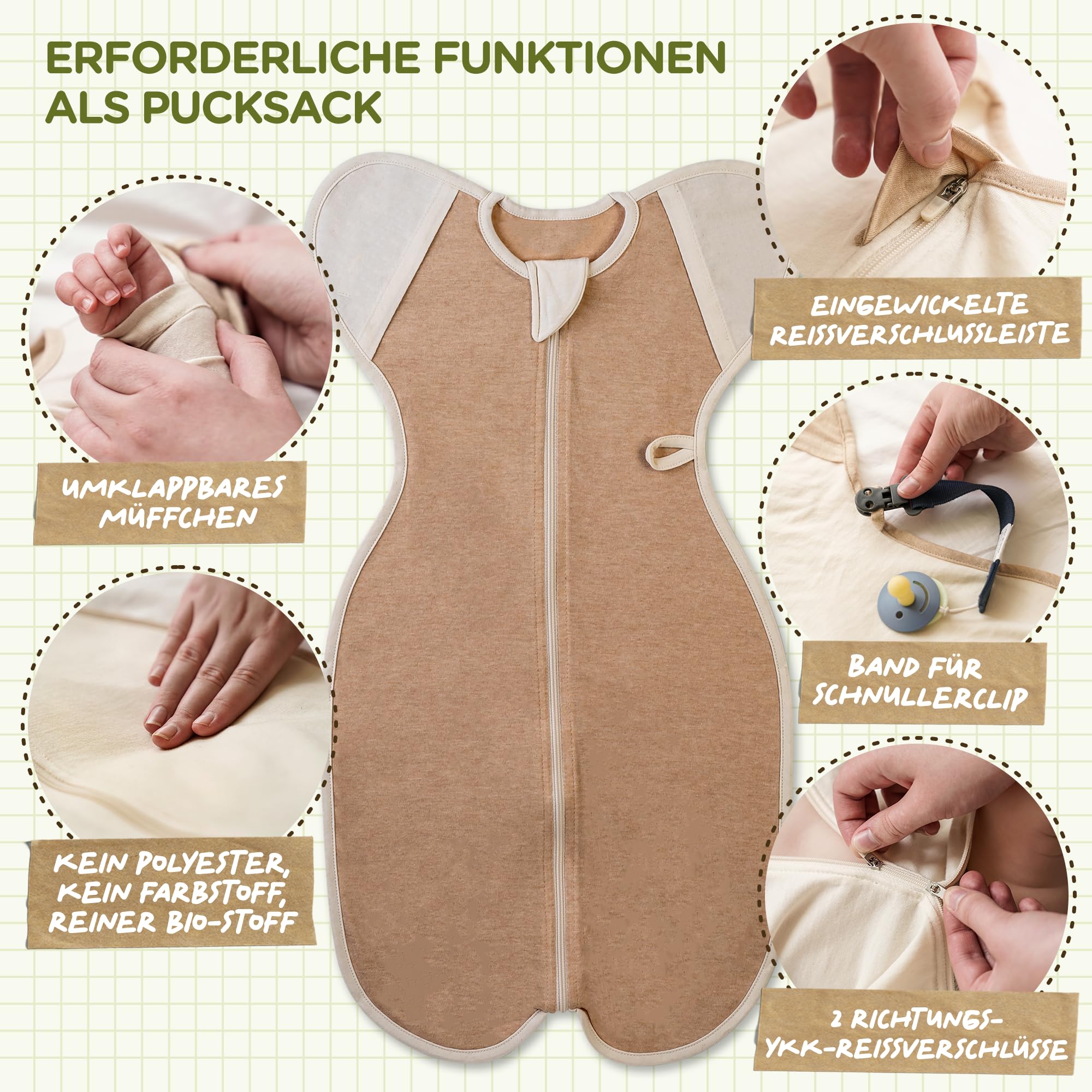 CCOCCOZAM Swaddle, 100% Organic Cotton, Beige, Large, 6-12 Months, 19-26lbs, Transition Baby Sleep Sack, Dramatically Better Sleep