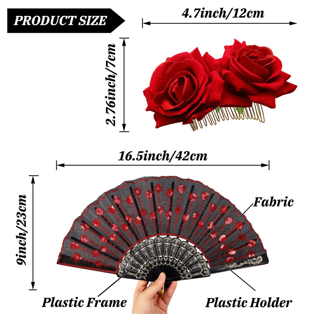 2 Pieces Women Rose Flower Hair Clip and Embroidered Sequins Fabric Handheld Folding Fan Hair Accessories for Flamenco Dancer Costume Accessories Girl Cosplay Party