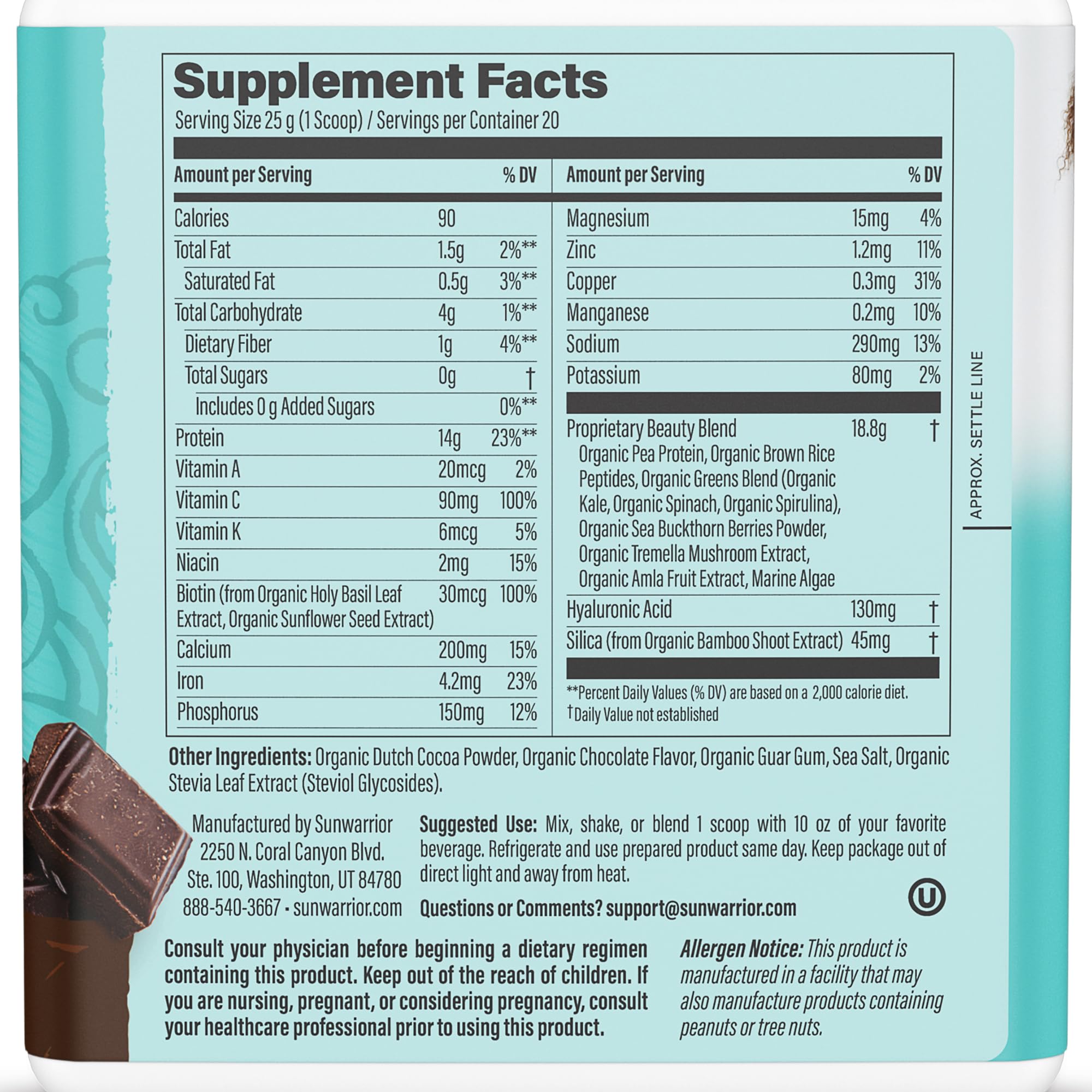 Sunwarrior Vegan Collagen Building Powder Protein Peptide with Biotin Vitamin C Hyaluronic Acid for Hair Skin Nail Dairy Free Gluten Free | Chocolate