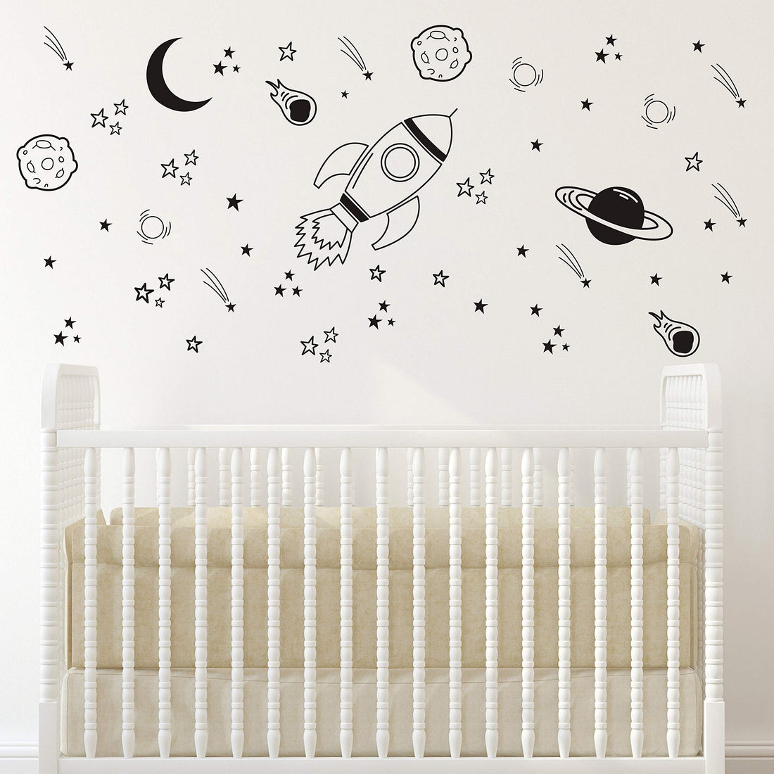 A37 Black Space Themed Room Decor - Rocket & Ship Wall Decals for Baby Boys Nursery