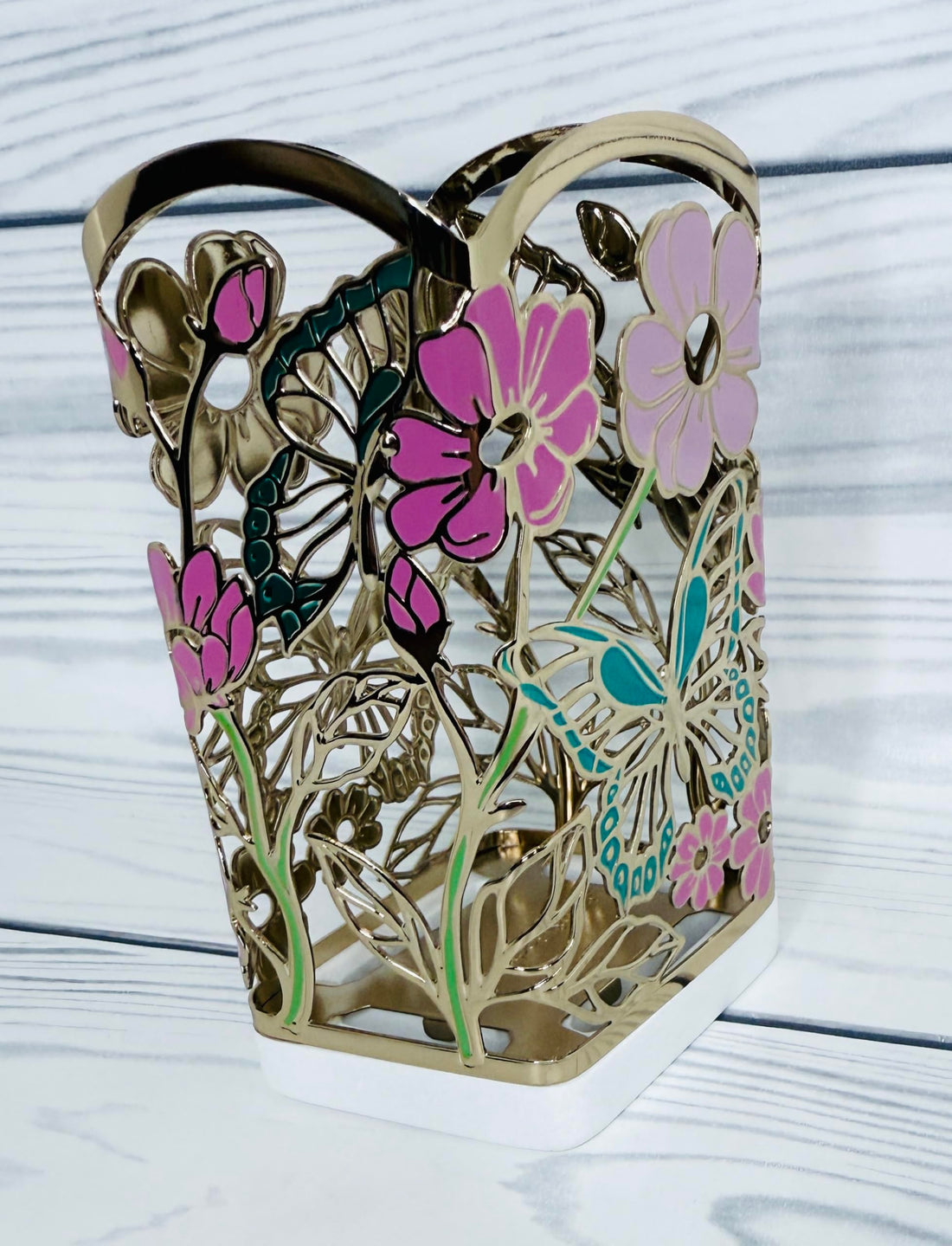 Bath and Body Works Pinks, Teal, Green with Gold Butterflies in The Garden Gentle Foaming Hand Soap Holder