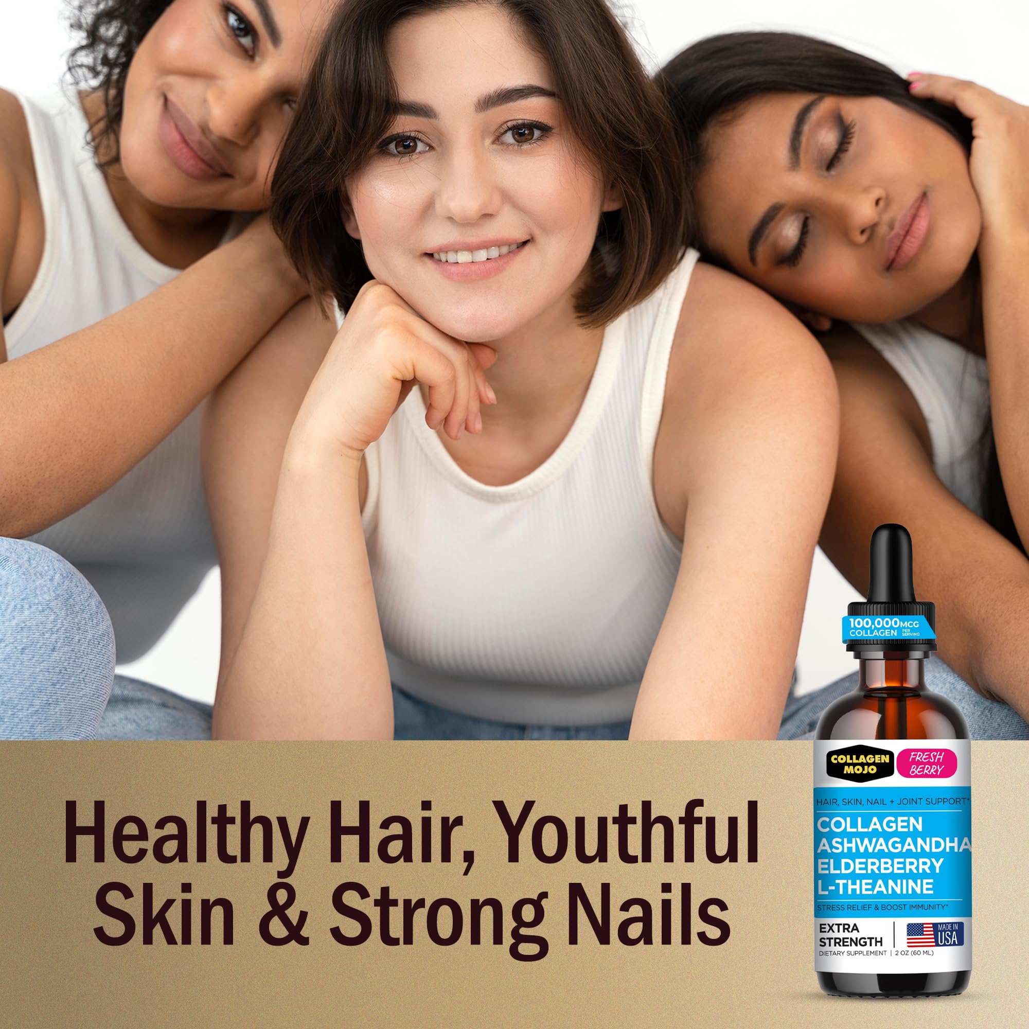 Collagen Mojo - Liquid Collagen for Women & Men, Collagen Peptides with Ashwagandha, Elderberry & L-Theanine - Hair, Skin, Nails, Joint & Stress Support, High Absorption - 100,000mcg, 2 Oz