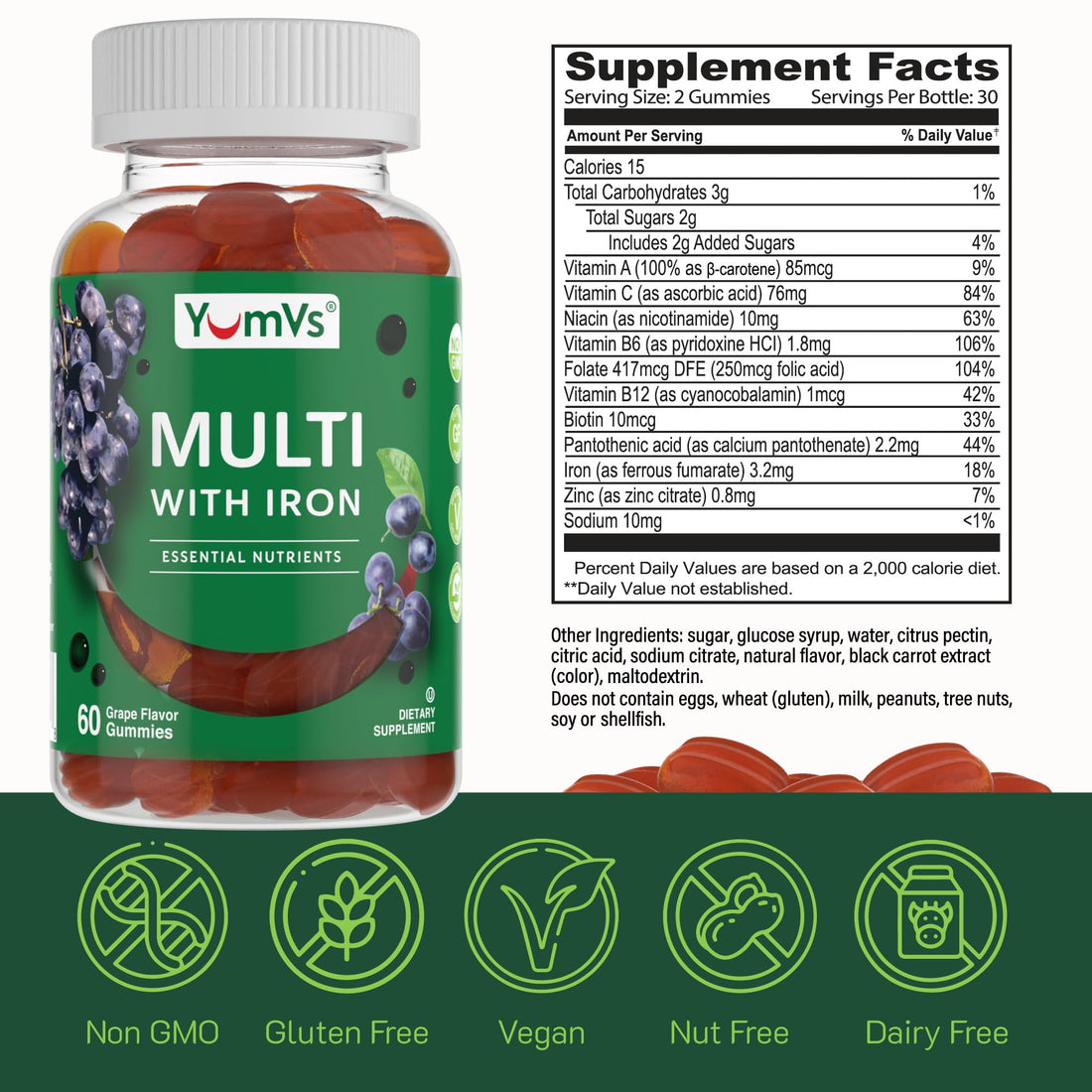 YumVs Multivitamin Gummies with Iron - Grape Flavor - Vegetarian Kosher Multi Vitamins for Adults with Vitamin A C B6 B12 Biotin Zinc - No Calcium - Mens/Womens Multivitamin with Iron Gummy (60 Count)