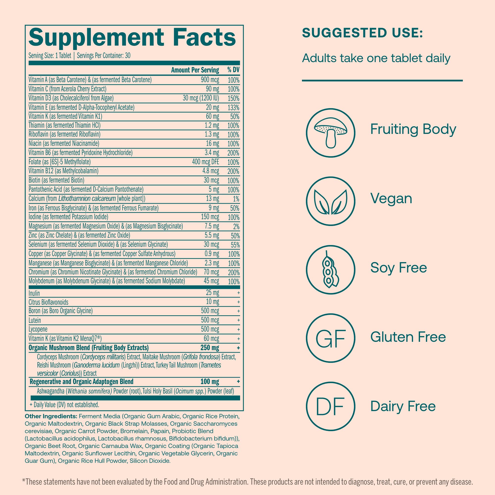 True Grace One Daily Women’s Multivitamin Fermented Minerals, Organic Adaptogens & Mushrooms Whole Body Balance, Immune, Energy, Beauty Support - Non-GMO, Gluten Free, Soy Free - 30 Vegan Tablets