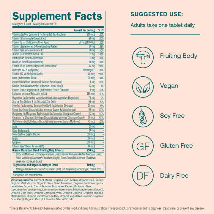 True Grace One Daily Women’s Multivitamin Fermented Minerals, Organic Adaptogens & Mushrooms Whole Body Balance, Immune, Energy, Beauty Support - Non-GMO, Gluten Free, Soy Free - 30 Vegan Tablets